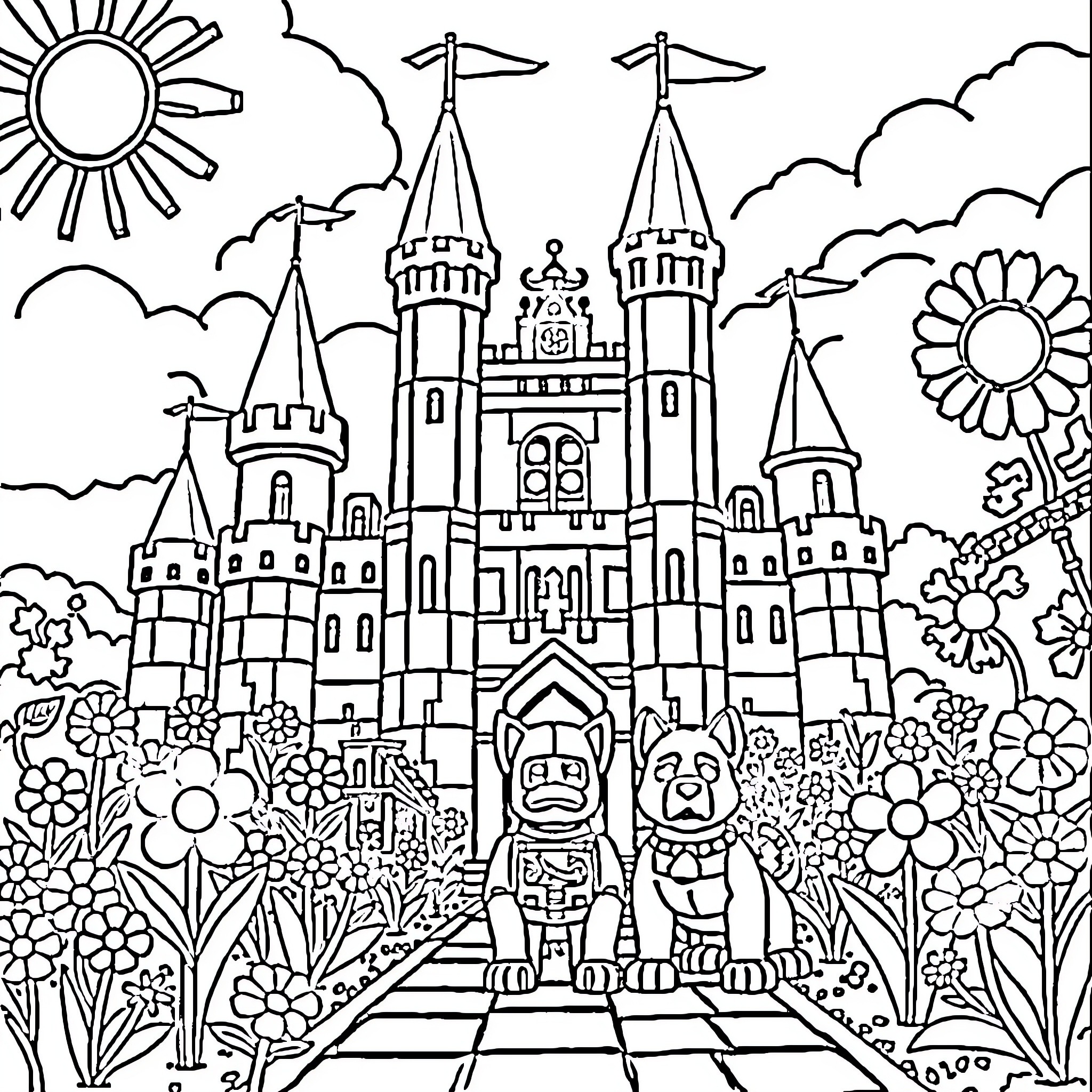 Castle with Whimsical Scenery and Decorations Coloring Page (free black-and-white line drawing printable PDF for all, from beginners to advanced learners, including children, teens, adults, and seniors)