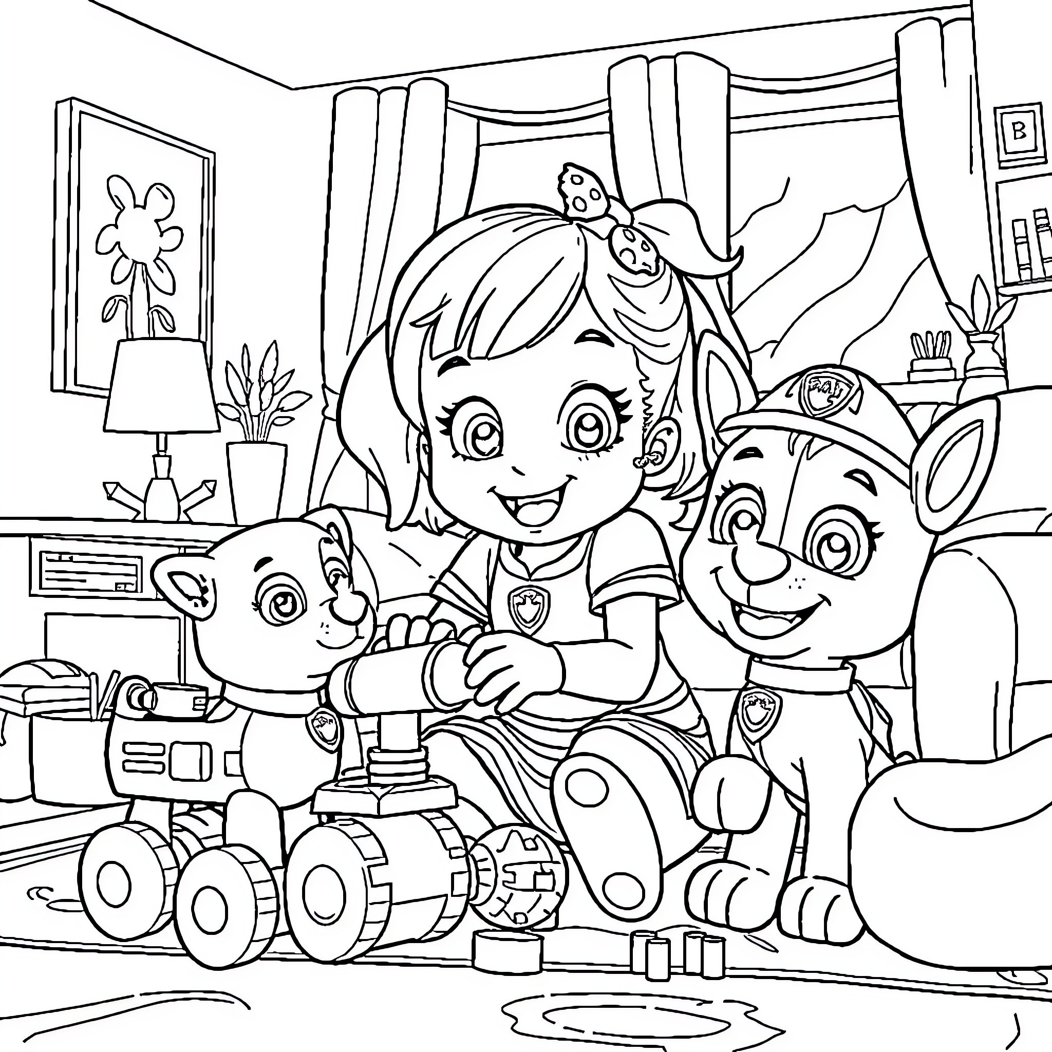 Gabby and her Paw Patrol friends enjoying playtime Coloring Page (free black-and-white line drawing printable PDF for all, from beginners to advanced learners, including children, teens, adults, and seniors)