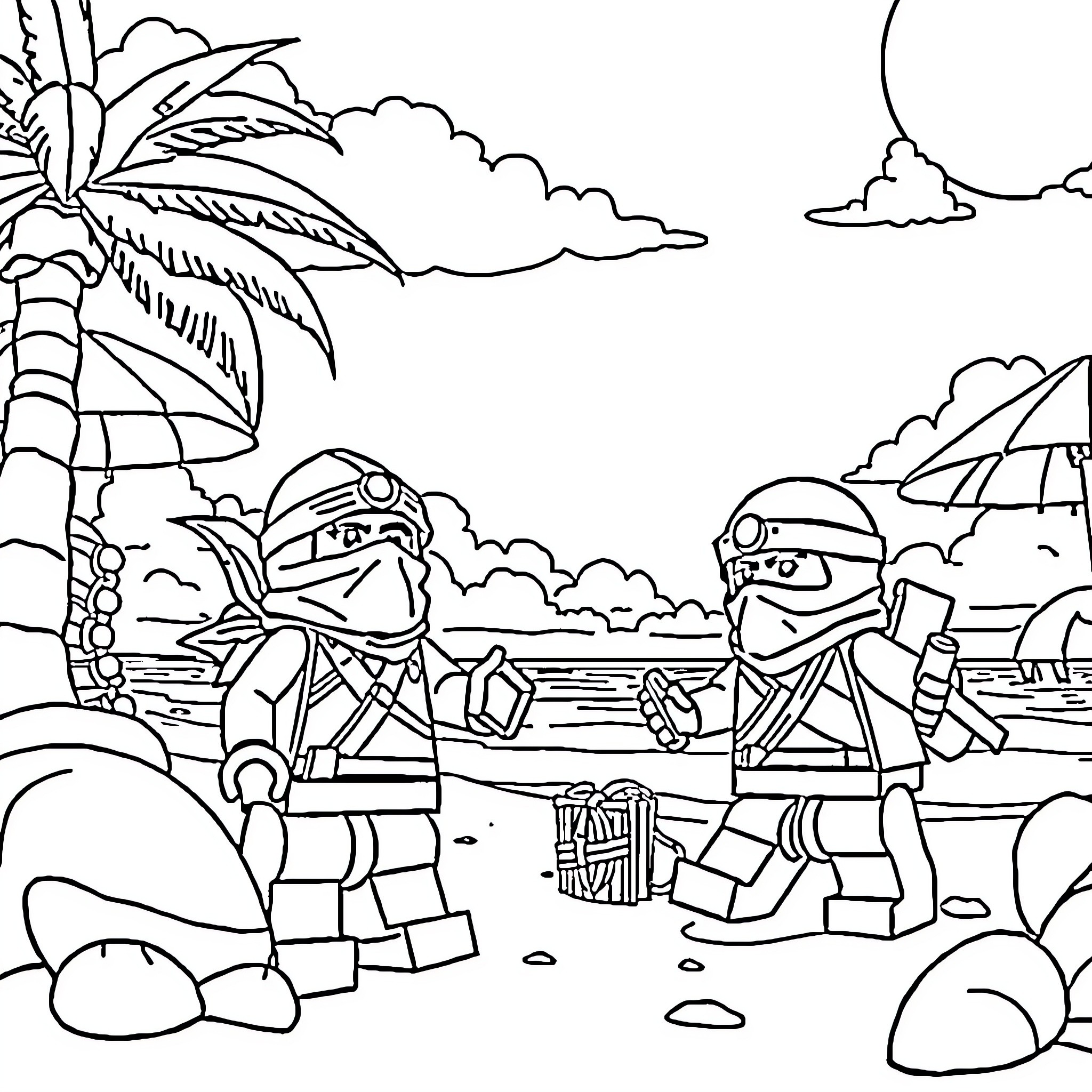 Ninjago ninja warriors in tropical island setting Coloring Page (free black-and-white line drawing printable PDF for all, from beginners to advanced learners, including children, teens, adults, and seniors)