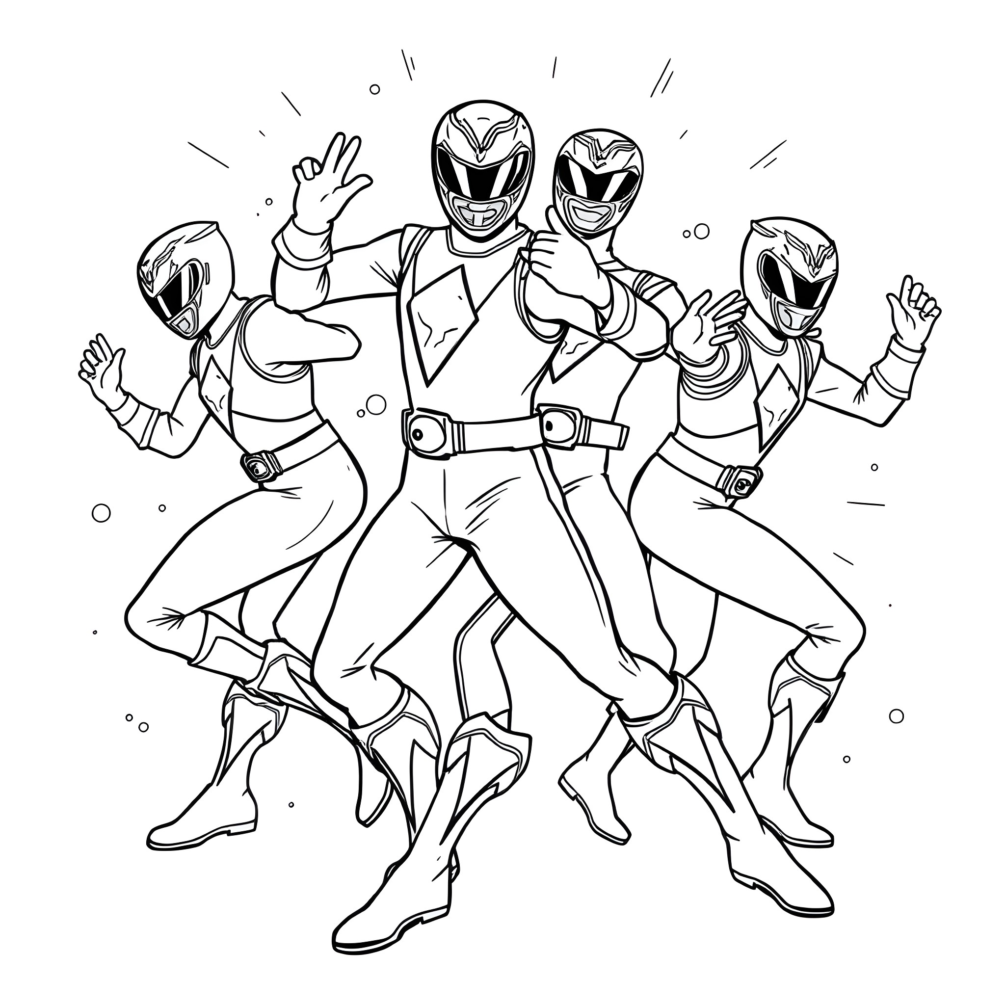 Power Rangers Striking Dynamic Poses Coloring Page (free black-and-white line drawing printable PDF for all, from beginners to advanced learners, including children, teens, adults, and seniors)