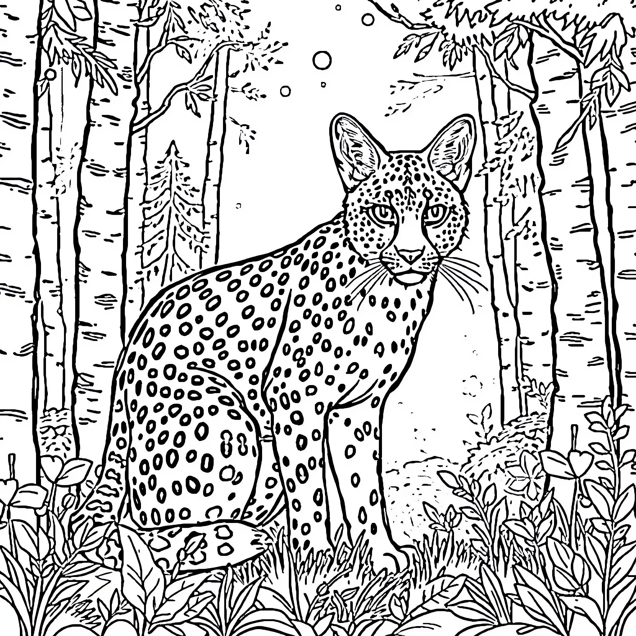 Lynx Prowling in the Wilderness Coloring Page (free black-and-white line drawing printable PDF for all, from beginners to advanced learners, including children, teens, adults, and seniors)