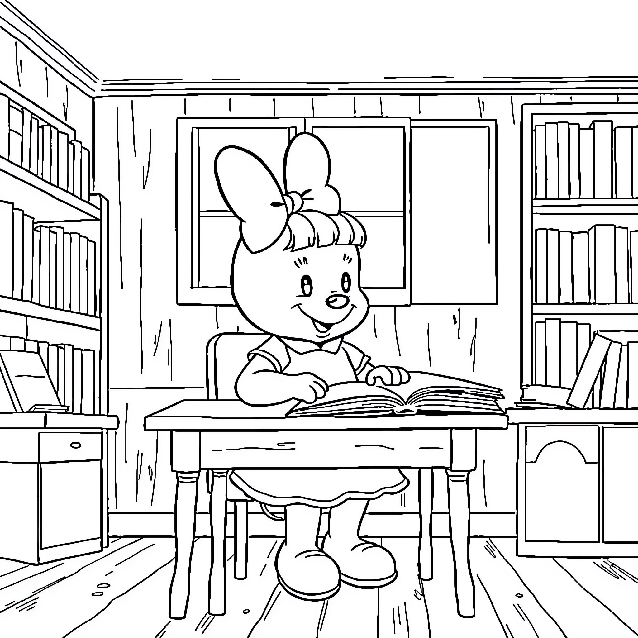 Winnie reading intently in the library Coloring Page (free black-and-white line drawing printable PDF for all, from beginners to advanced learners, including children, teens, adults, and seniors)