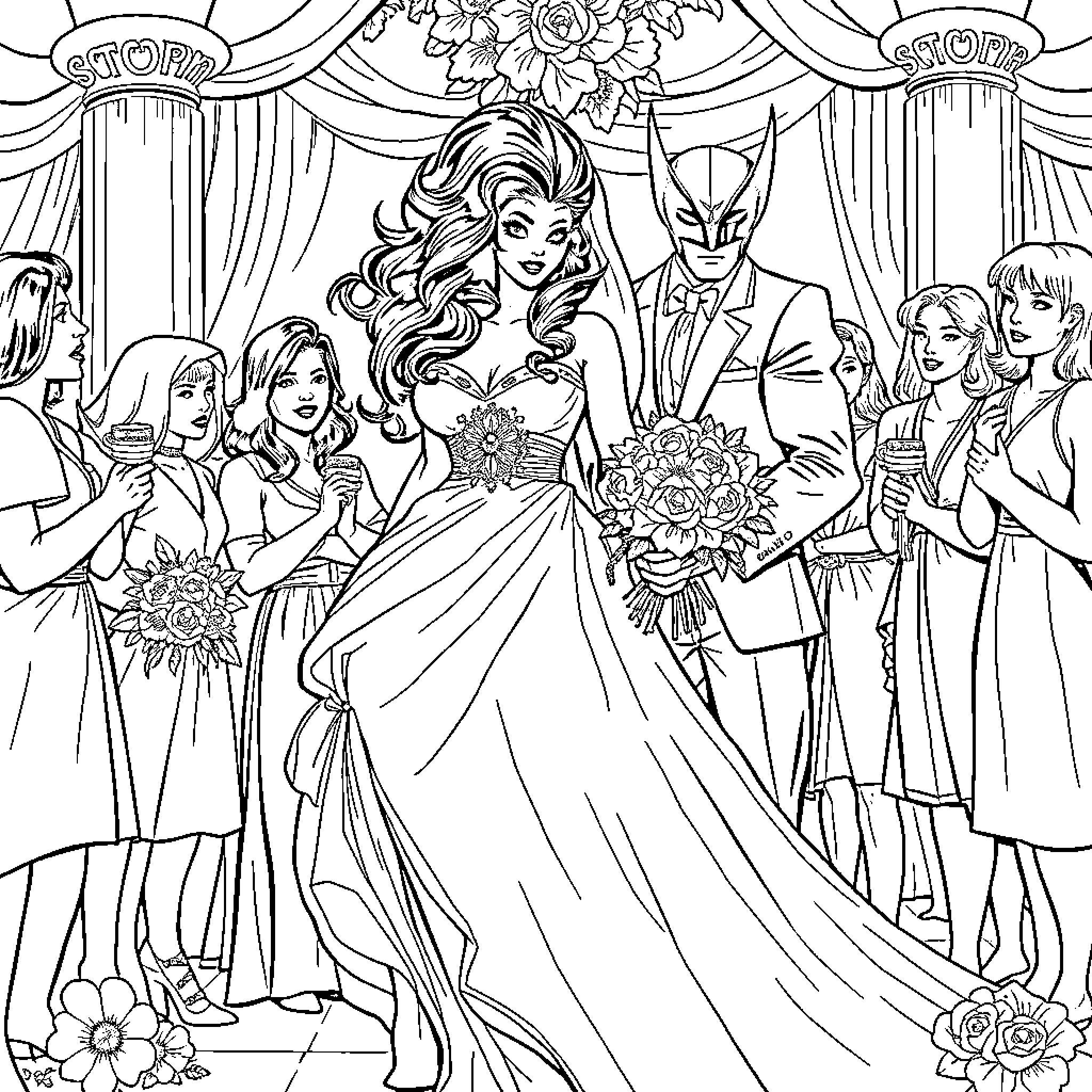 Storm of Celebration at a Glamorous Wedding Scene Coloring Page (free black-and-white line drawing printable PDF for all, from beginners to advanced learners, including children, teens, adults, and seniors)