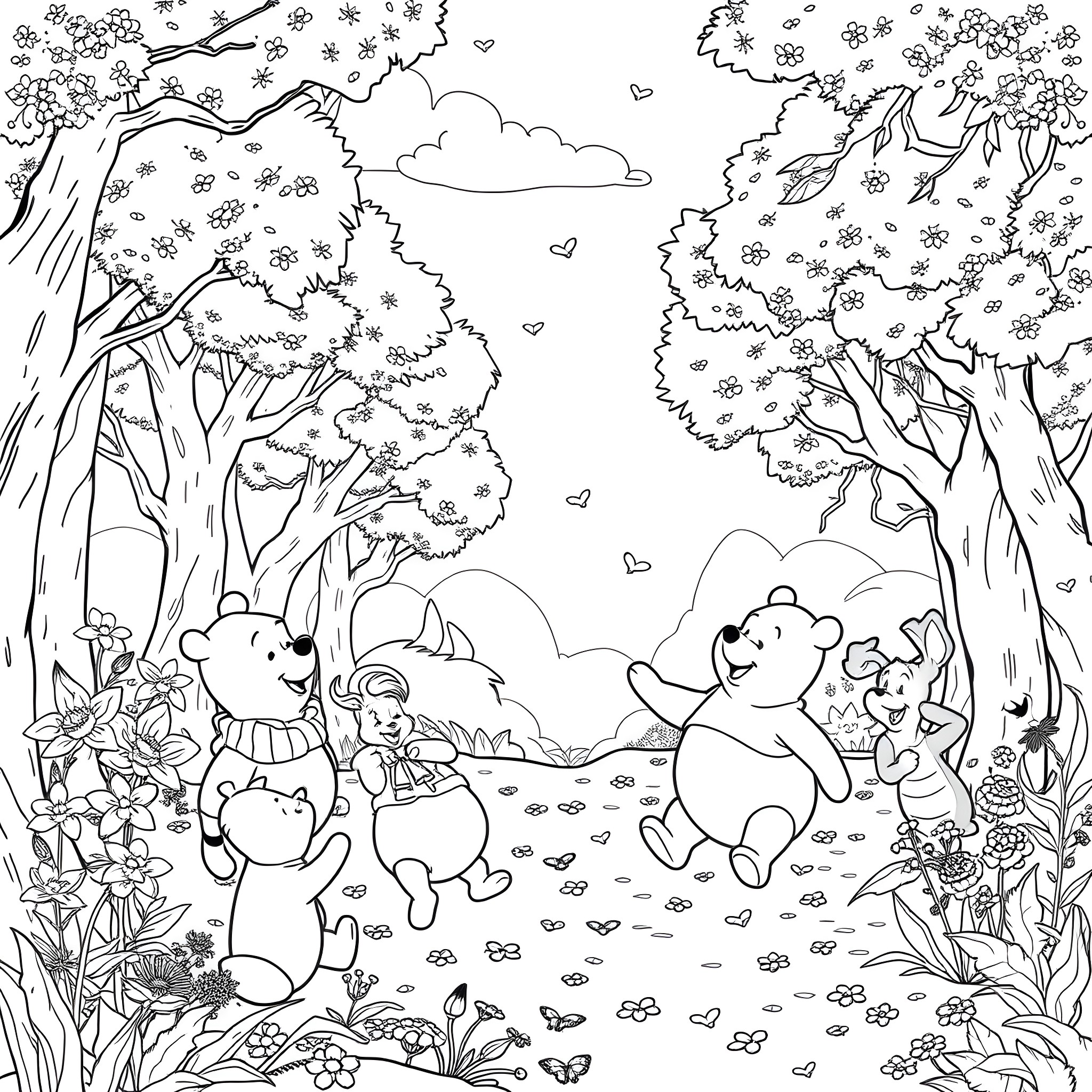 Winnie The Pooh and friends exploring the magical forest Coloring Page (free black-and-white line drawing printable PDF for all, from beginners to advanced learners, including children, teens, adults, and seniors)