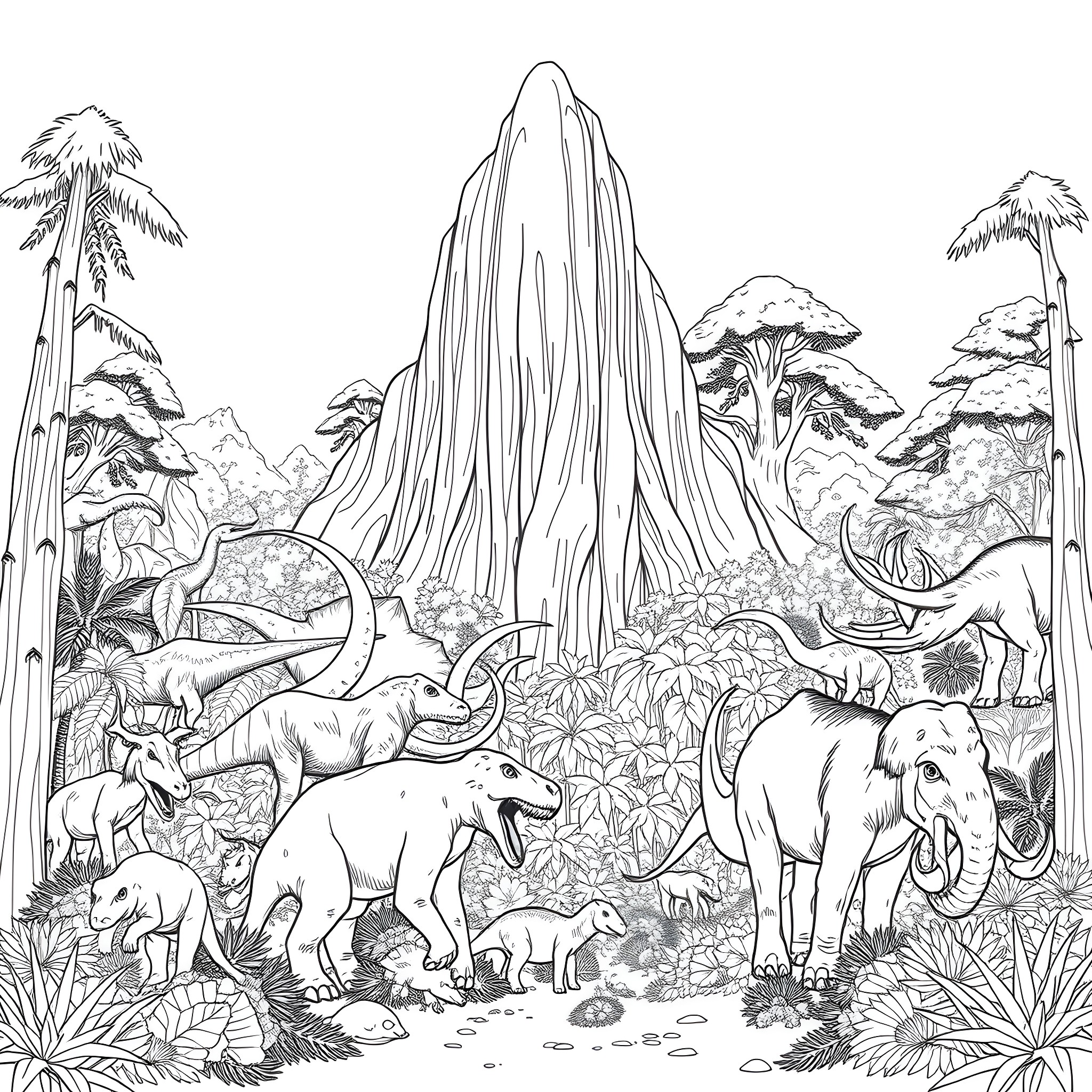 Beast dwelling in prehistoric landscape Coloring Page (free black-and-white line drawing printable PDF for all, from beginners to advanced learners, including children, teens, adults, and seniors)