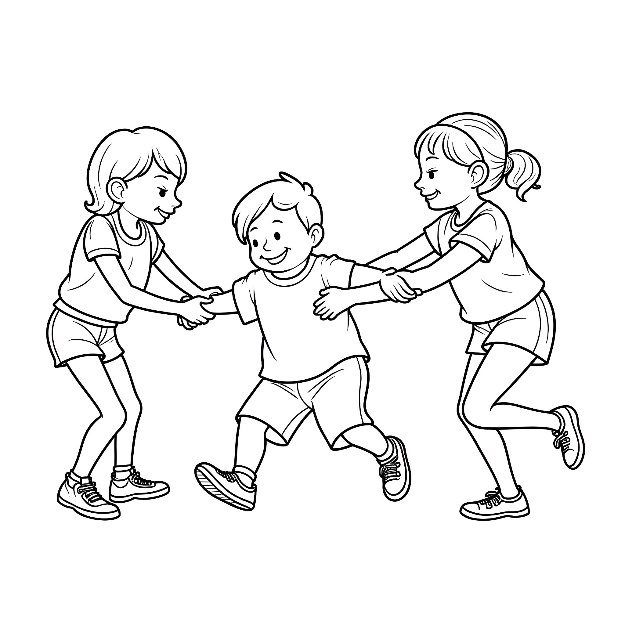 Kid friends playing together happily Coloring Page (free black-and-white line drawing printable PDF for all, from beginners to advanced learners, including children, teens, adults, and seniors)