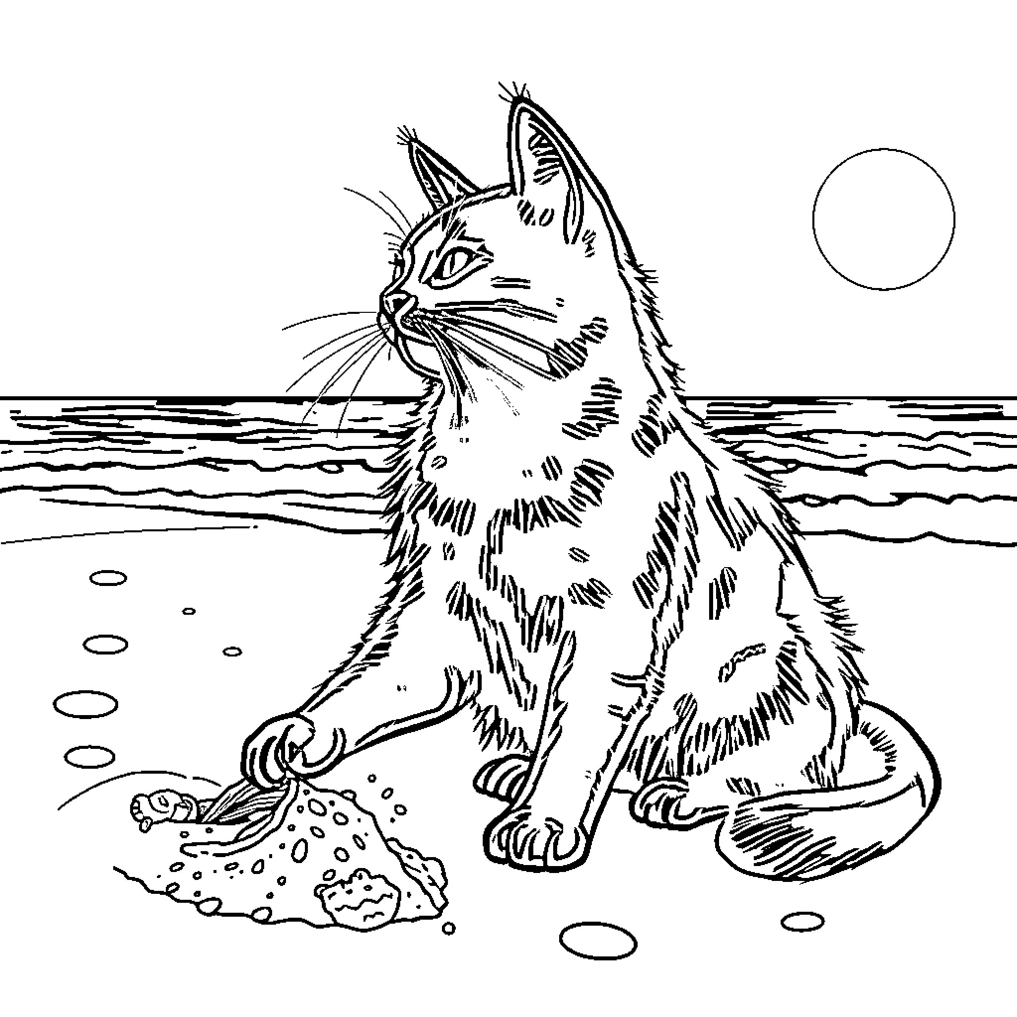Cat gazing out at the ocean Coloring Page (free black-and-white line drawing printable PDF for all, from beginners to advanced learners, including children, teens, adults, and seniors)