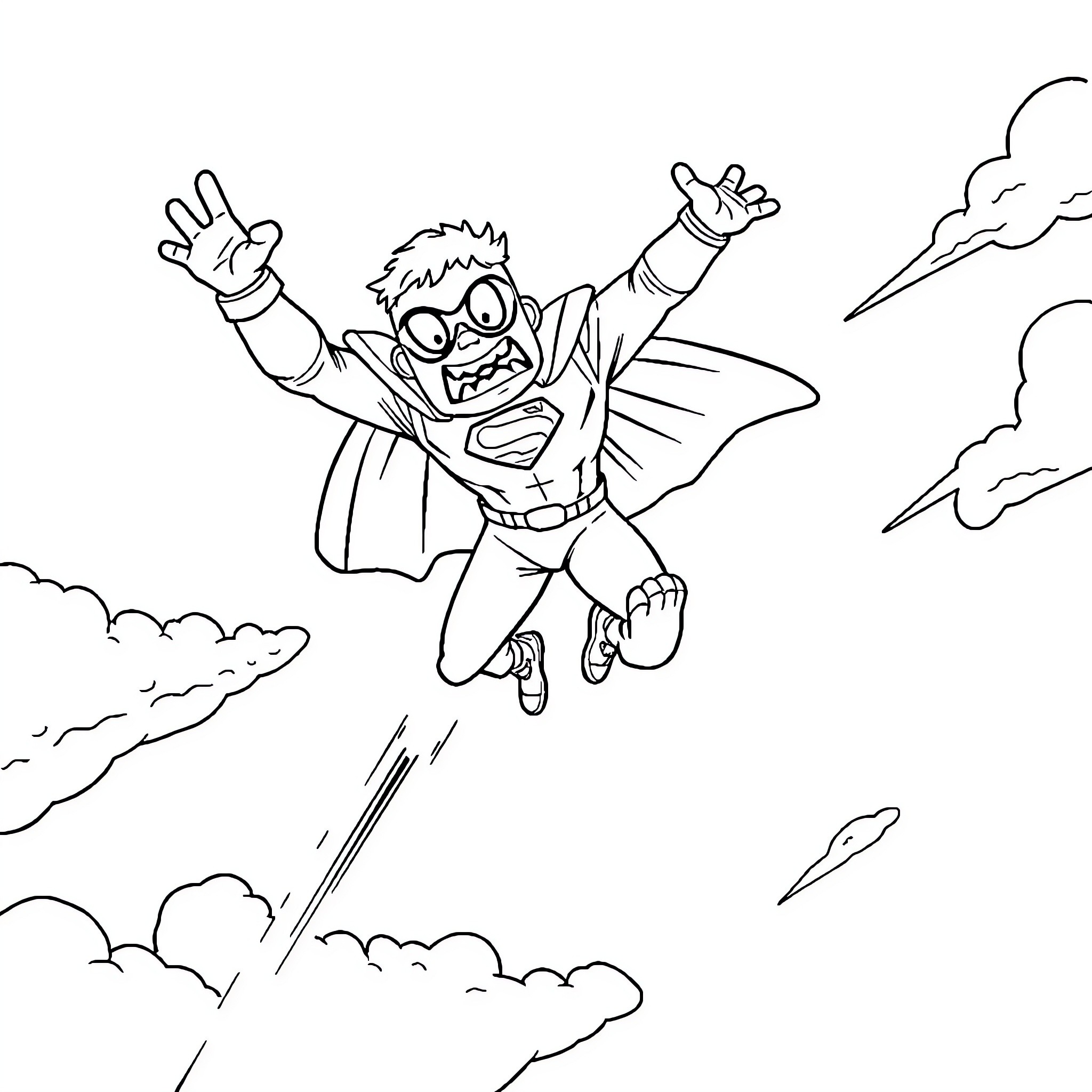 Fartman soaring through the clouds in action pose Coloring Page (free black-and-white line drawing printable PDF for all, from beginners to advanced learners, including children, teens, adults, and seniors)