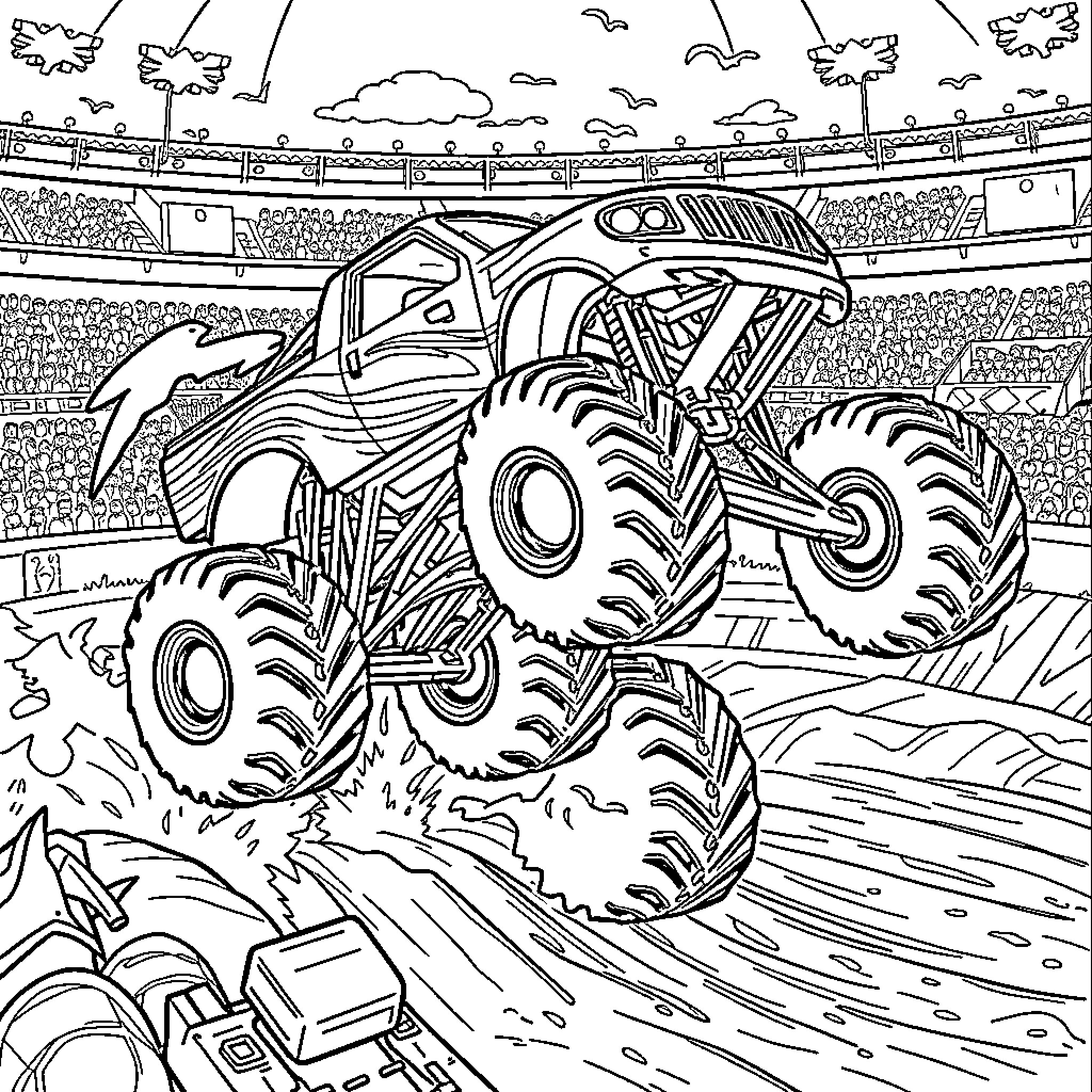 Truck Performing Stunts in a Monster Truck Rally Coloring Page (free black-and-white line drawing printable PDF for all, from beginners to advanced learners, including children, teens, adults, and seniors)
