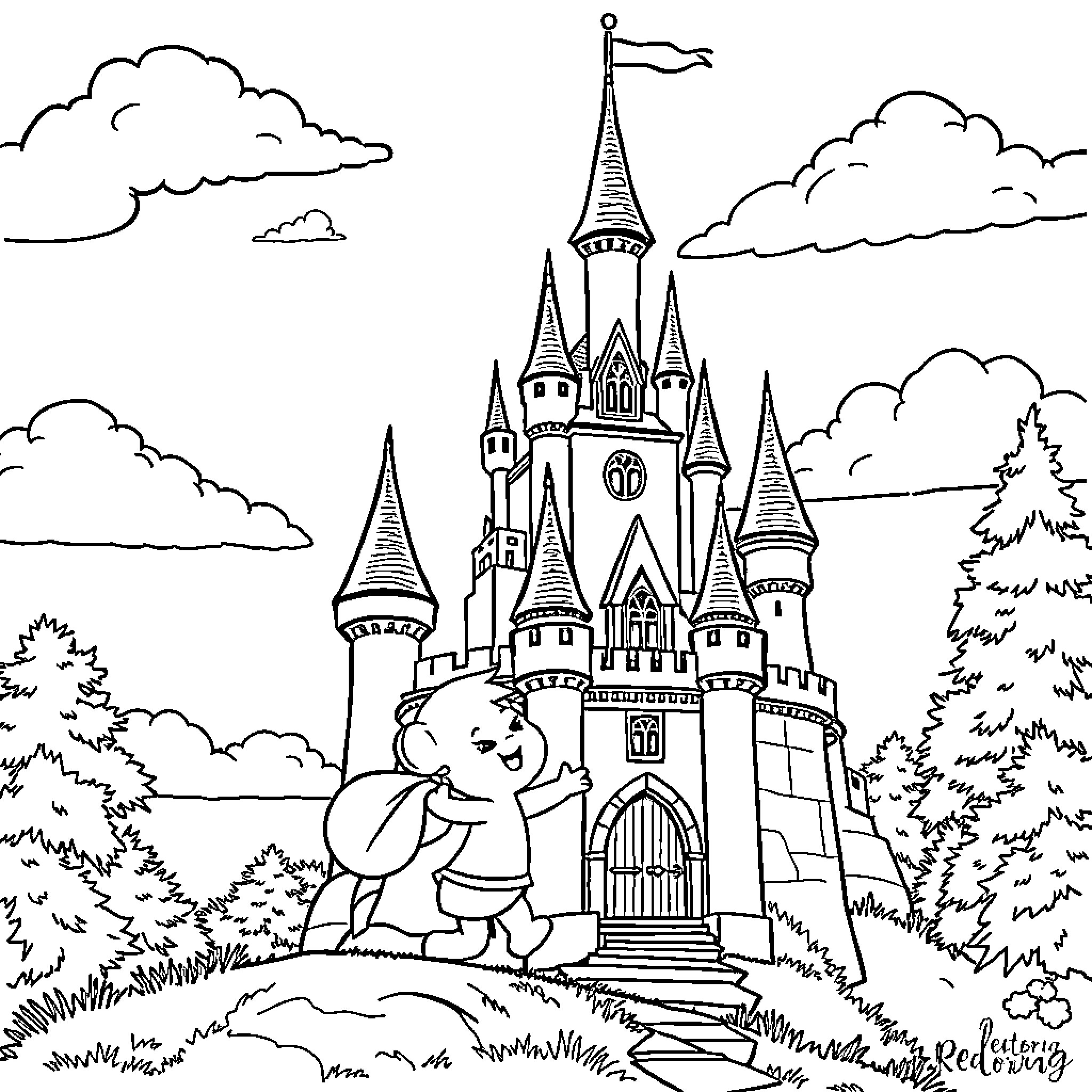 Bluey exploring a magical castle in the clouds Coloring Page (free black-and-white line drawing printable PDF for all, from beginners to advanced learners, including children, teens, adults, and seniors)