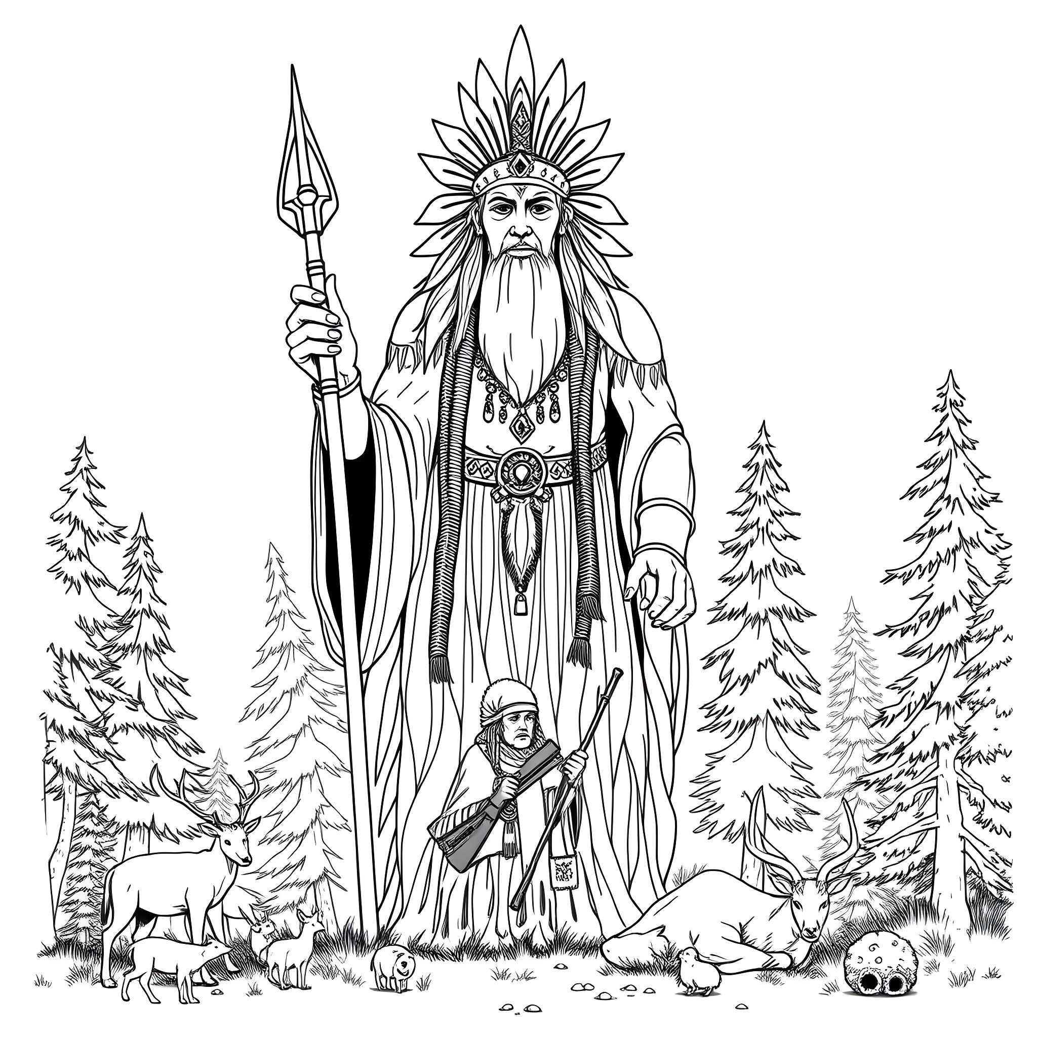 Spirit of the Forest Guardian Coloring Page (free black-and-white line drawing printable PDF for all, from beginners to advanced learners, including children, teens, adults, and seniors)