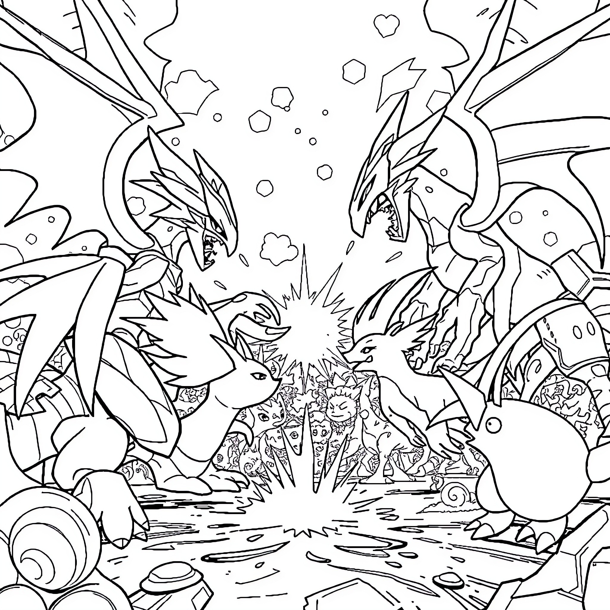 Digimon Creatures in Epic Battle Coloring Page (free black-and-white line drawing printable PDF for all, from beginners to advanced learners, including children, teens, adults, and seniors)