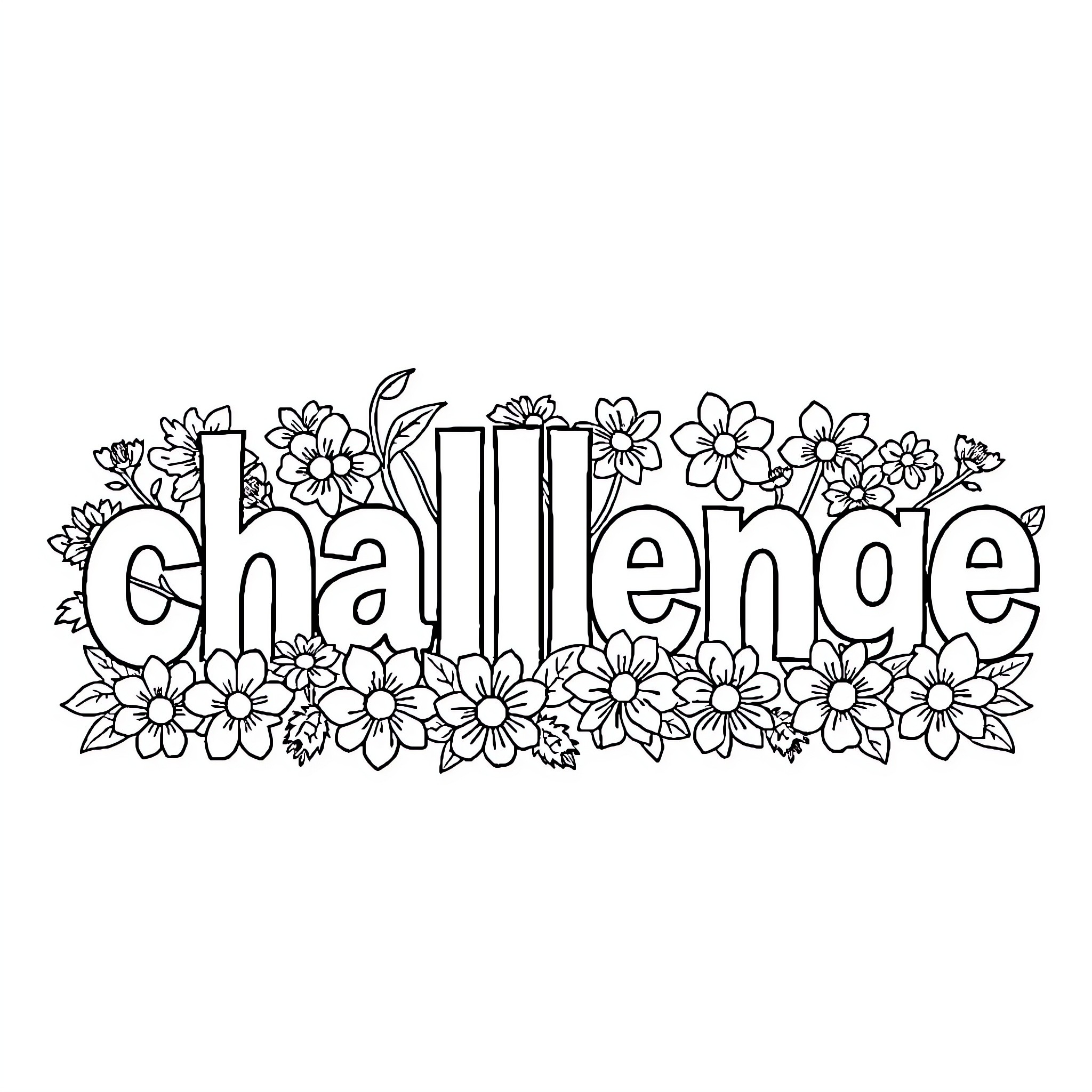 Challenge Floral Design with Text Coloring Page (free black-and-white line drawing printable PDF for all, from beginners to advanced learners, including children, teens, adults, and seniors)