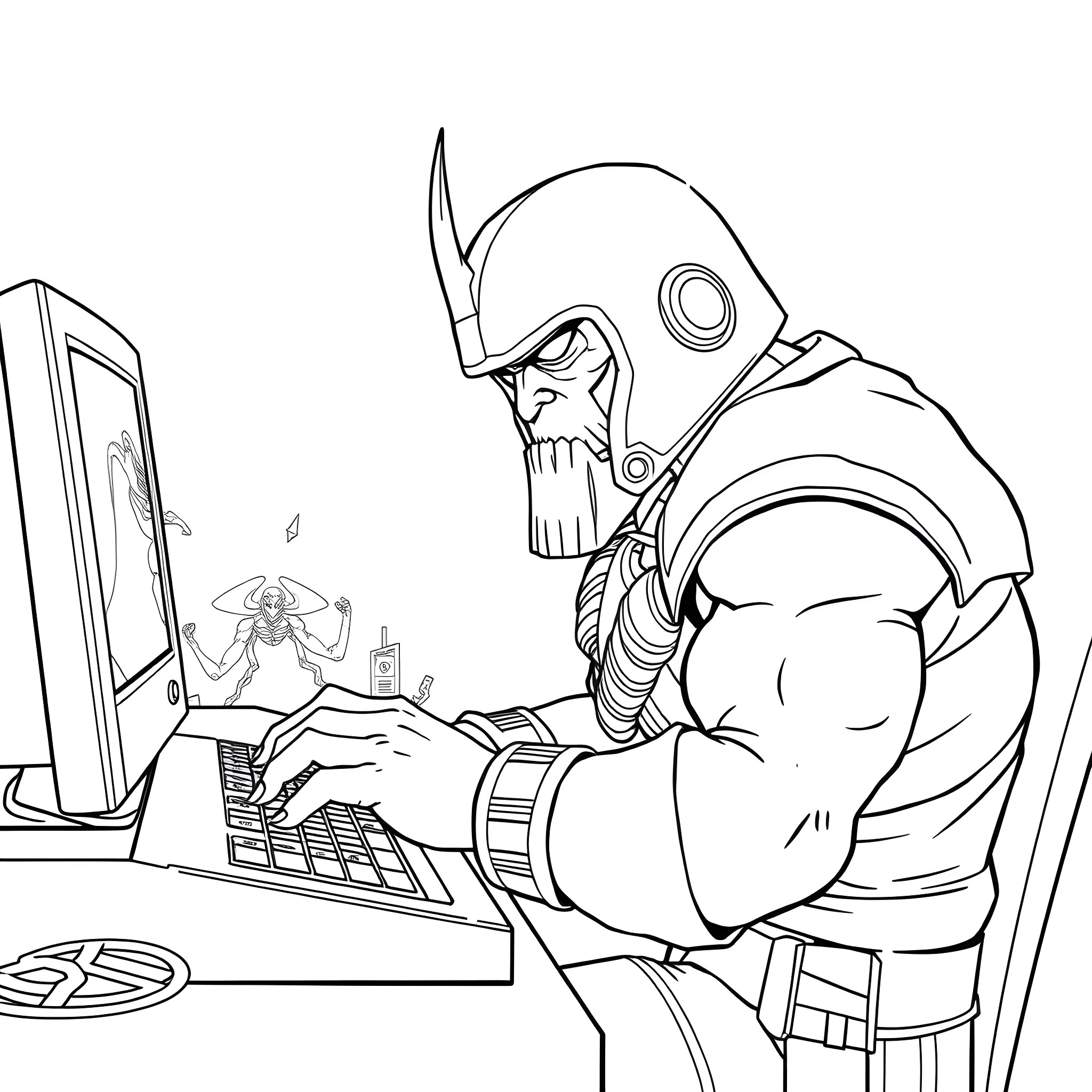 Doom Slayer diligently working on a computer Coloring Page (free black-and-white line drawing printable PDF for all, from beginners to advanced learners, including children, teens, adults, and seniors)