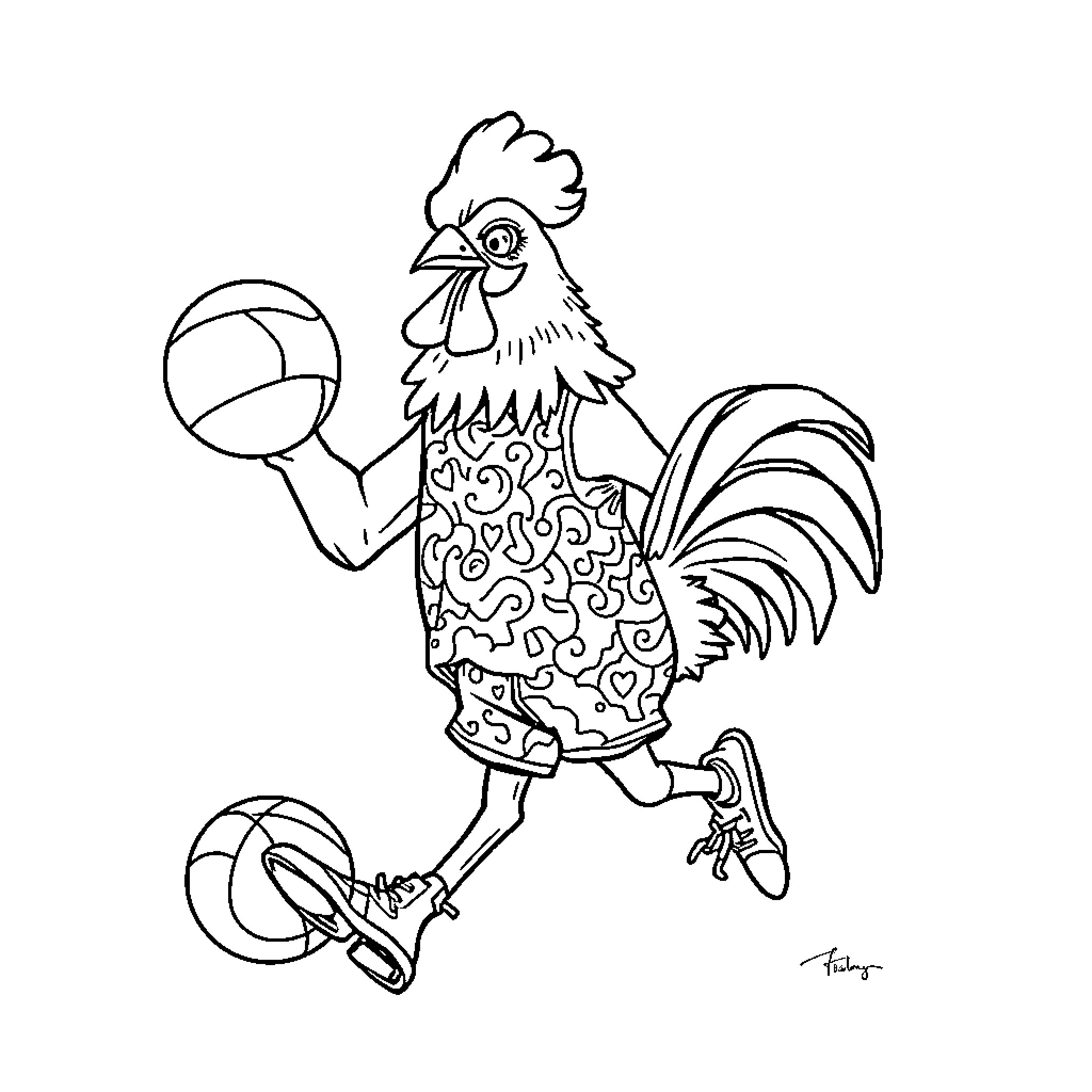 Basketball-themed rooster with patterned outfit Coloring Page (free black-and-white line drawing printable PDF for all, from beginners to advanced learners, including children, teens, adults, and seniors)