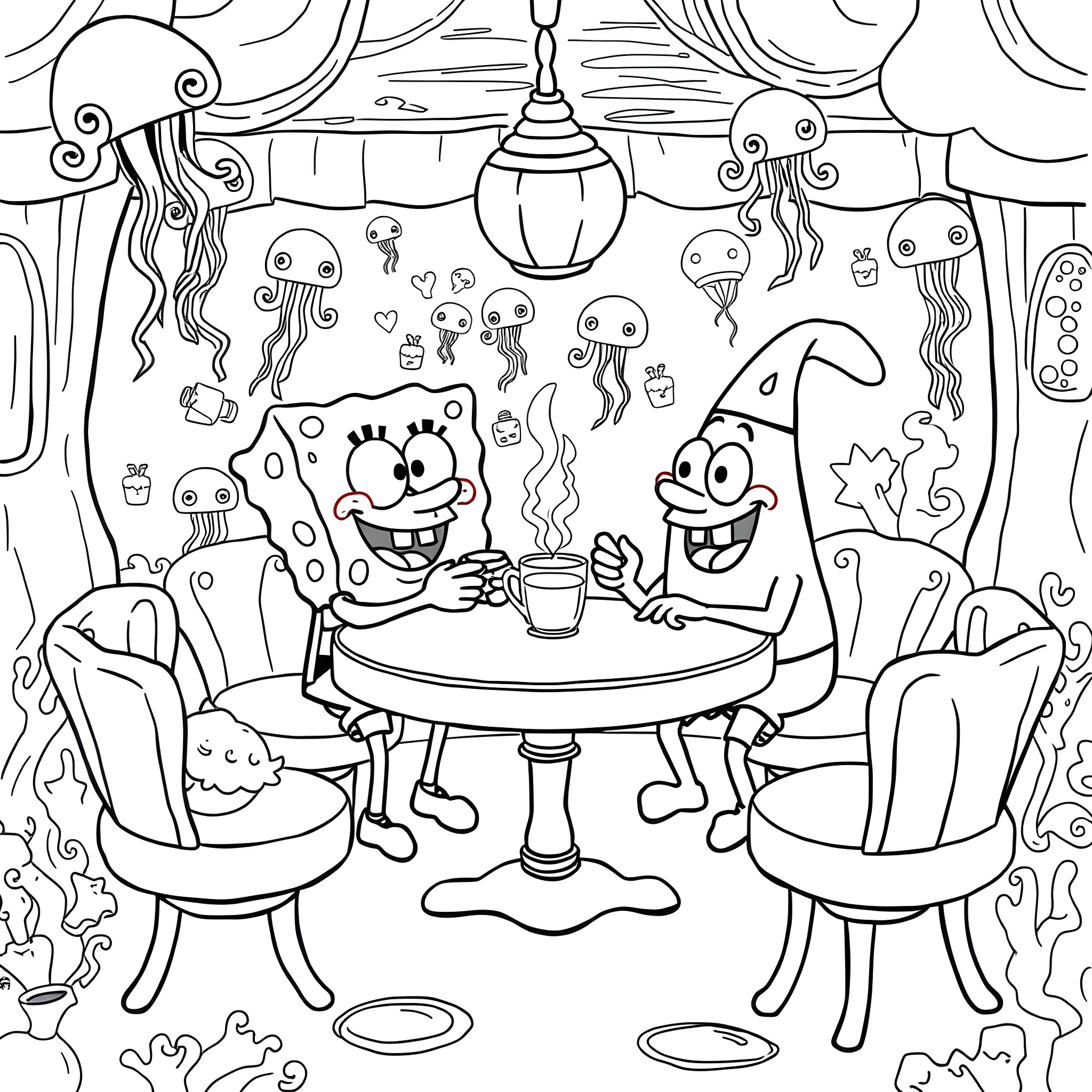Spongebob and Patrick enjoying a surreal underwater tea party Coloring Page (free black-and-white line drawing printable PDF for all, from beginners to advanced learners, including children, teens, adults, and seniors)