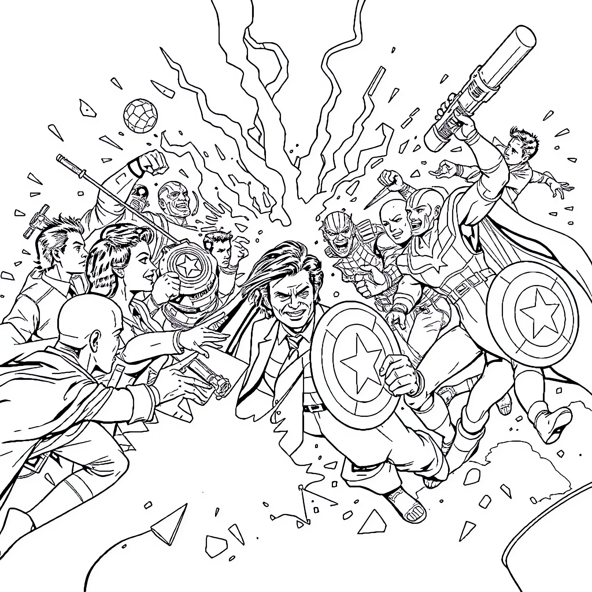 Office Characters in Heroic Action Coloring Page (free black-and-white line drawing printable PDF for all, from beginners to advanced learners, including children, teens, adults, and seniors)
