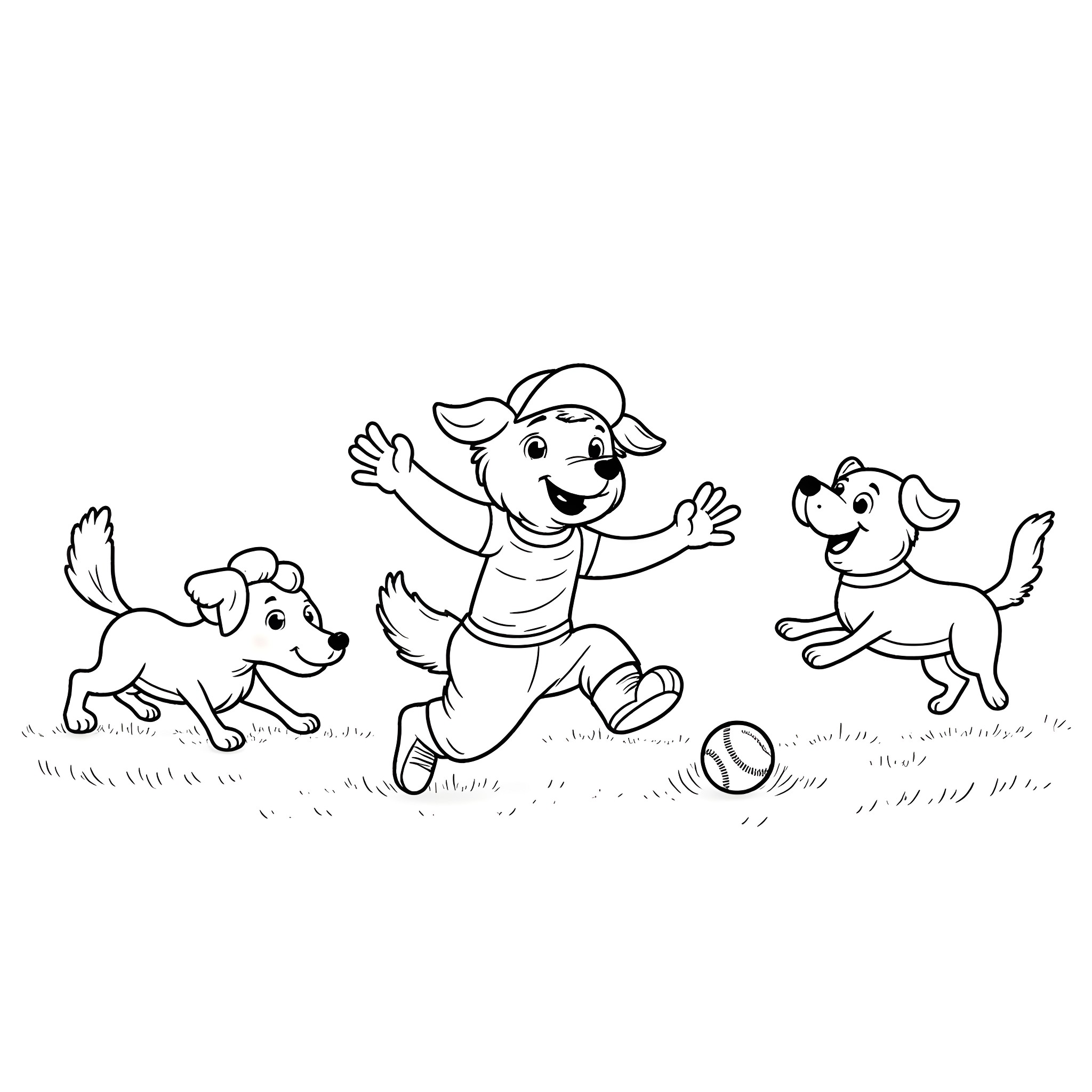 Dog playing joyfully with friends in the yard Coloring Page (free black-and-white line drawing printable PDF for all, from beginners to advanced learners, including children, teens, adults, and seniors)