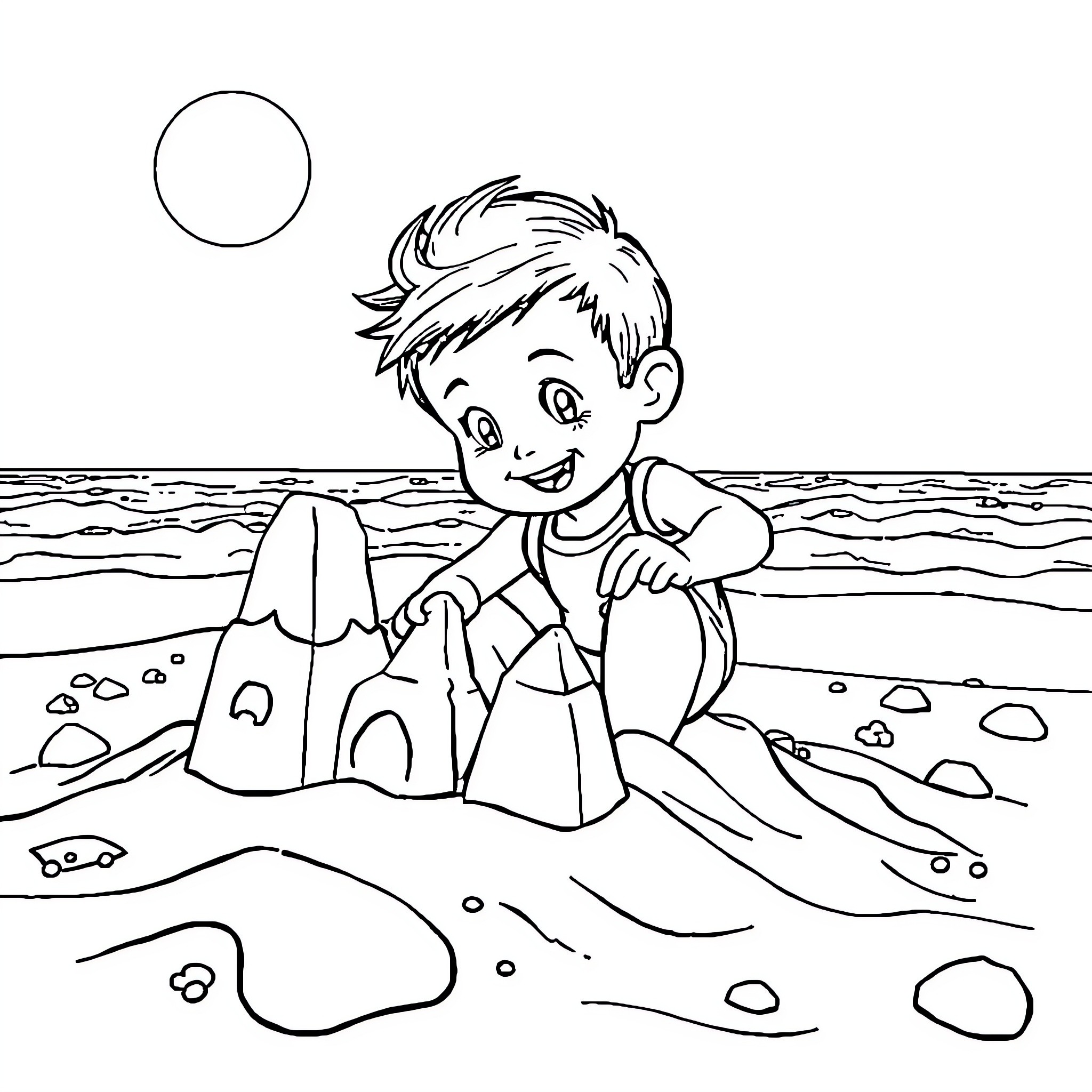 Barny Building Sandcastles on the Beach Coloring Page (free black-and-white line drawing printable PDF for all, from beginners to advanced learners, including children, teens, adults, and seniors)