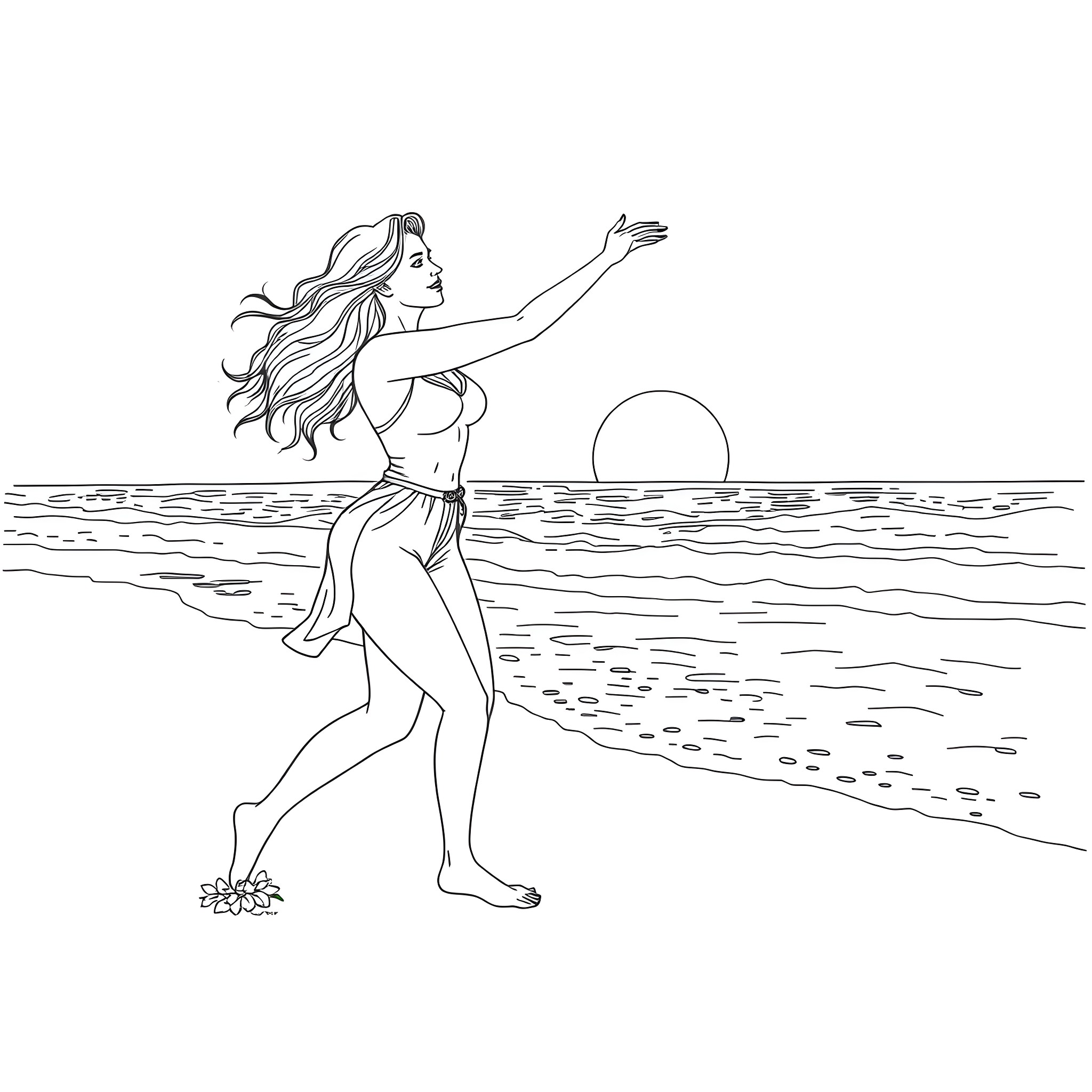 Woman dancing joyfully on the beach at sunset Coloring Page (free black-and-white line drawing printable PDF for all, from beginners to advanced learners, including children, teens, adults, and seniors)