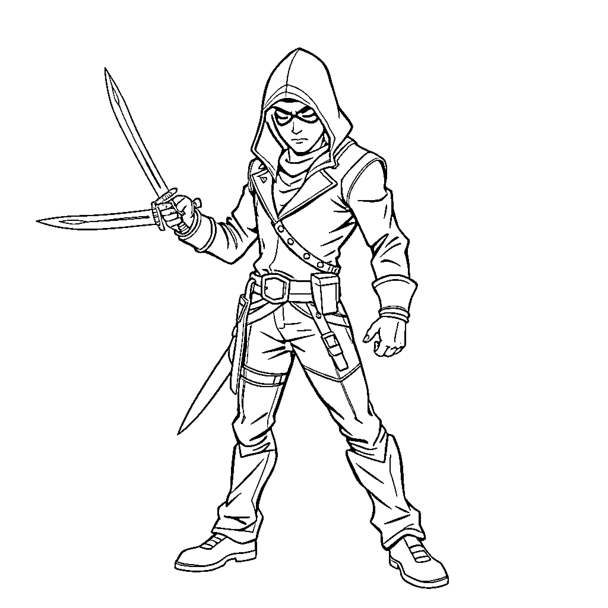 Cappuccino vigilante standing with drawn swords Coloring Page (free black-and-white line drawing printable PDF for all, from beginners to advanced learners, including children, teens, adults, and seniors)