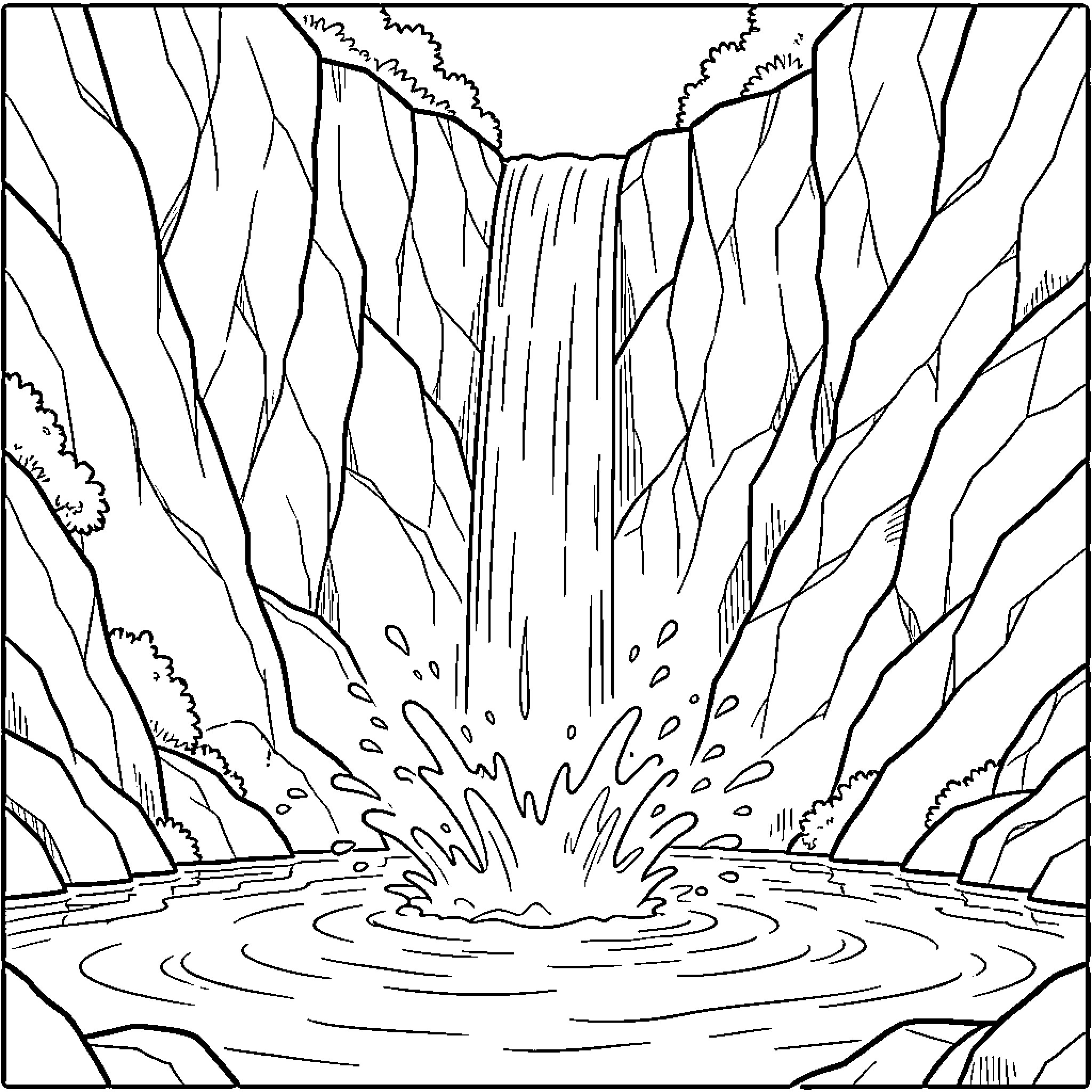 Waterfall cascading into a pool amidst rocky cliffs Coloring Page (free black-and-white line drawing printable PDF for all, from beginners to advanced learners, including children, teens, adults, and seniors)