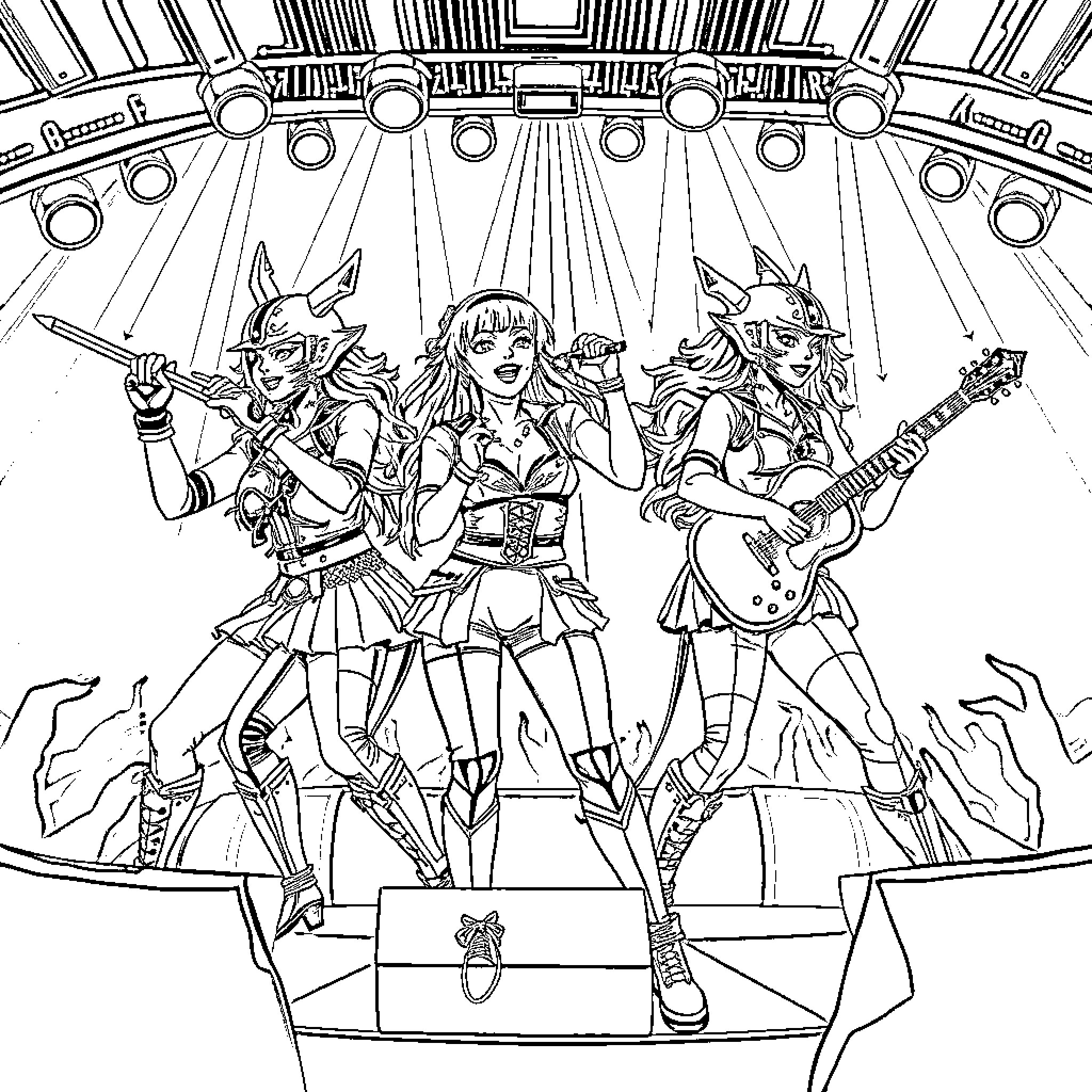 K-Pop Warriors Performing on Stage with Passion and Confidence Coloring Page (free black-and-white line drawing printable PDF for all, from beginners to advanced learners, including children, teens, adults, and seniors)