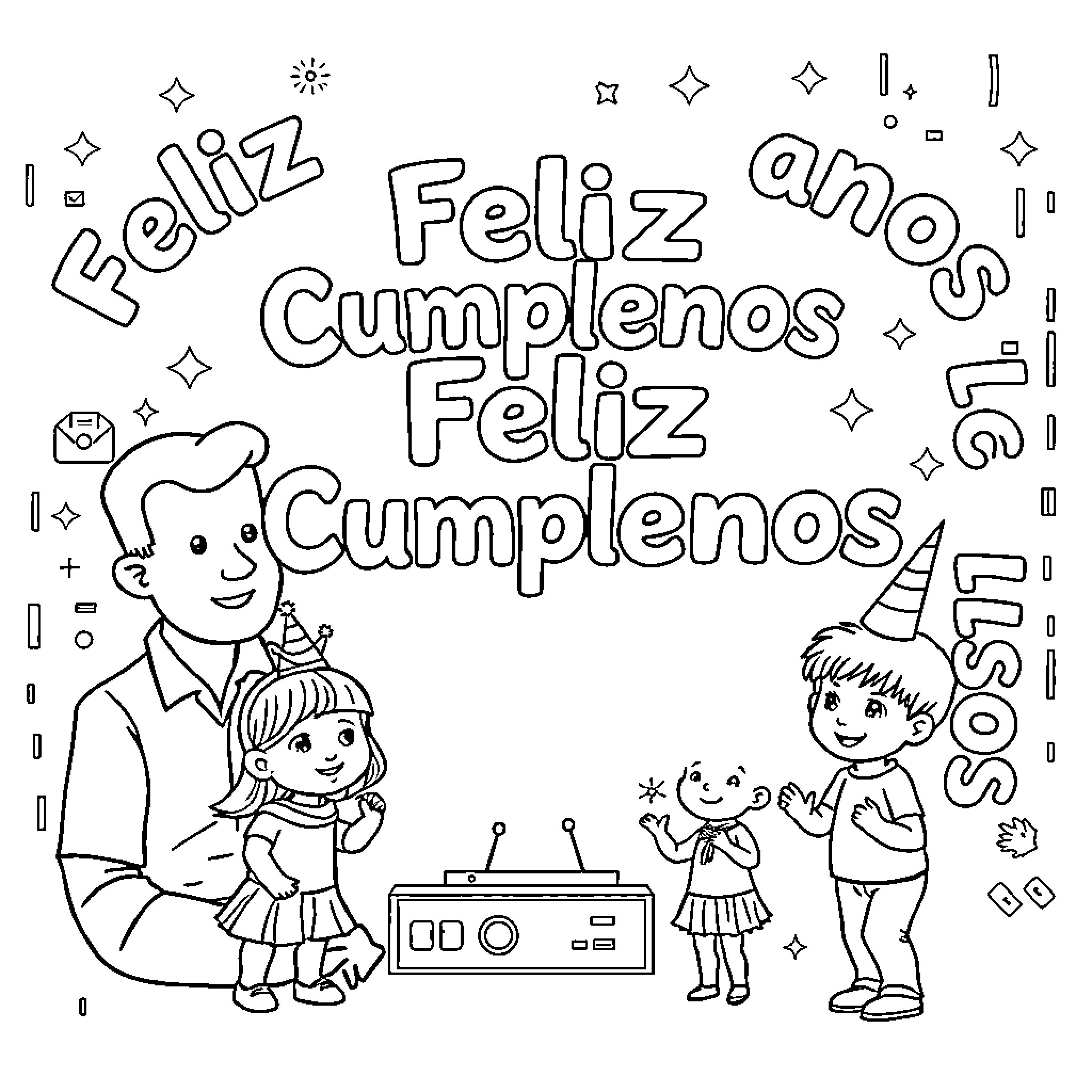 Ingeniera celebrates joyous birthday with family Coloring Page (free black-and-white line drawing printable PDF for all, from beginners to advanced learners, including children, teens, adults, and seniors)