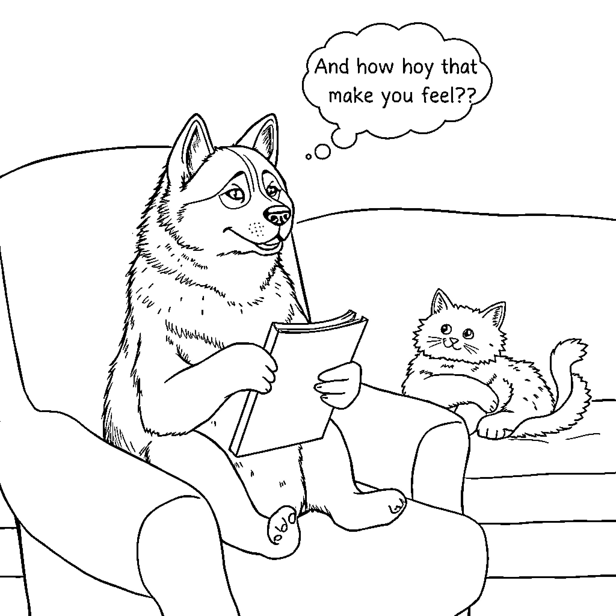 Akita dog and cat in thoughtful conversation Coloring Page (free black-and-white line drawing printable PDF for all, from beginners to advanced learners, including children, teens, adults, and seniors)