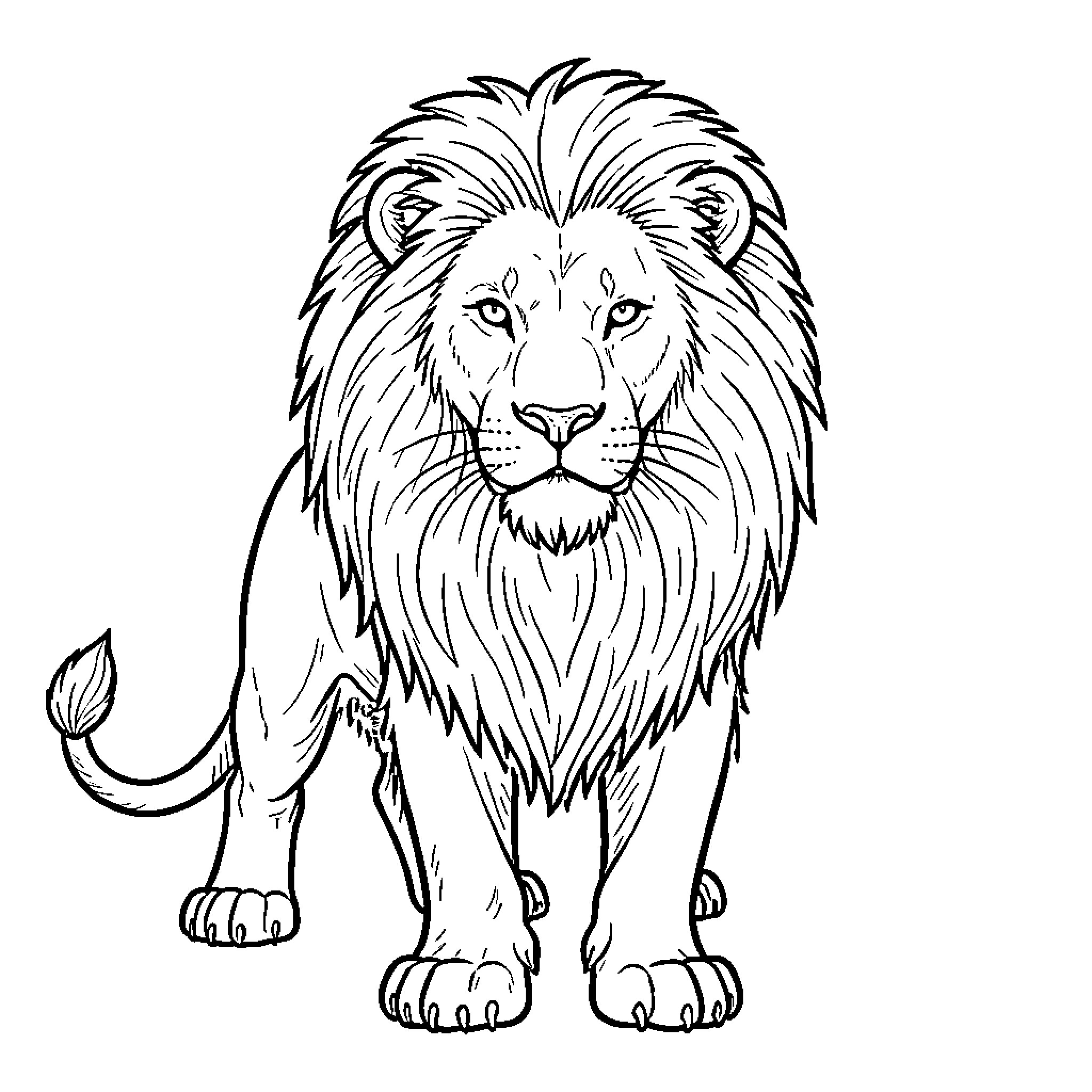 Lion standing proudly with a majestic mane Coloring Page (free black-and-white line drawing printable PDF for all, from beginners to advanced learners, including children, teens, adults, and seniors)
