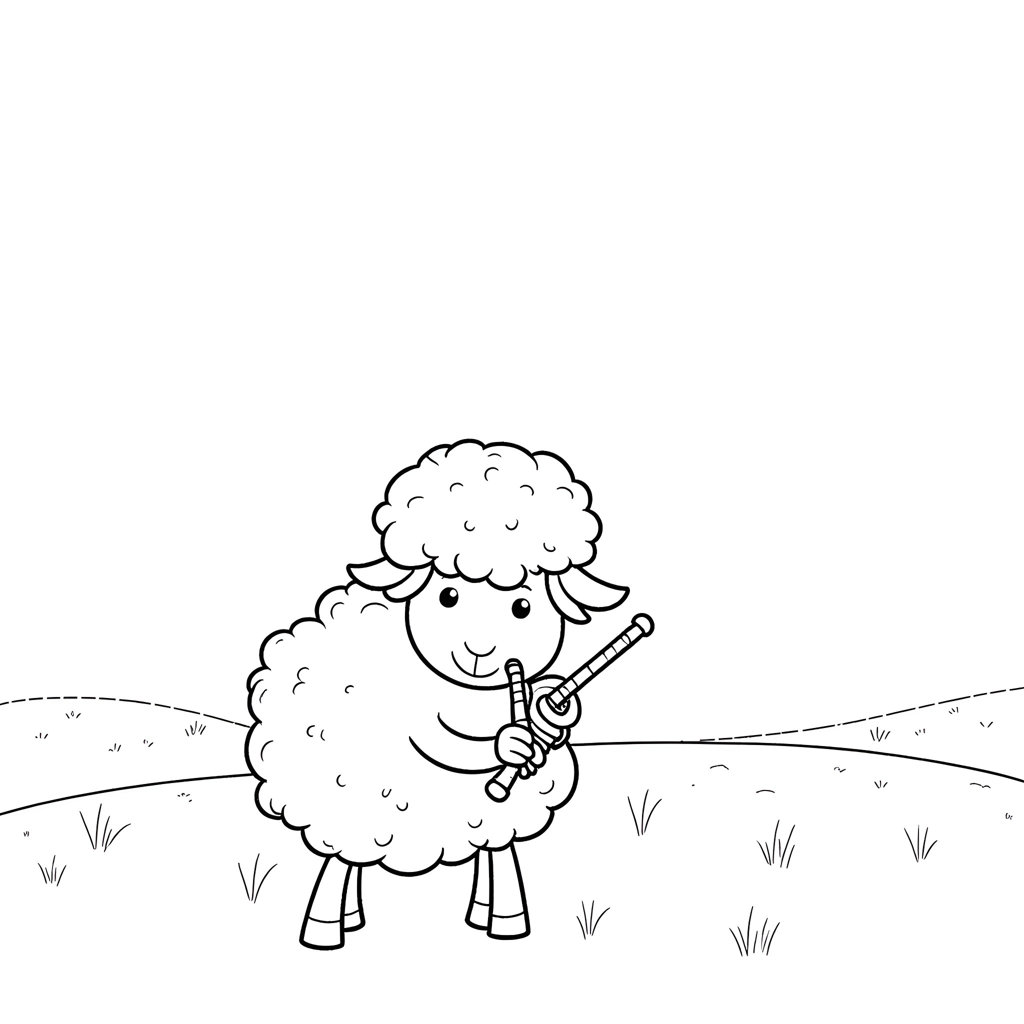 Sheep playing with toy in the field Coloring Page (free black-and-white line drawing printable PDF for all, from beginners to advanced learners, including children, teens, adults, and seniors)