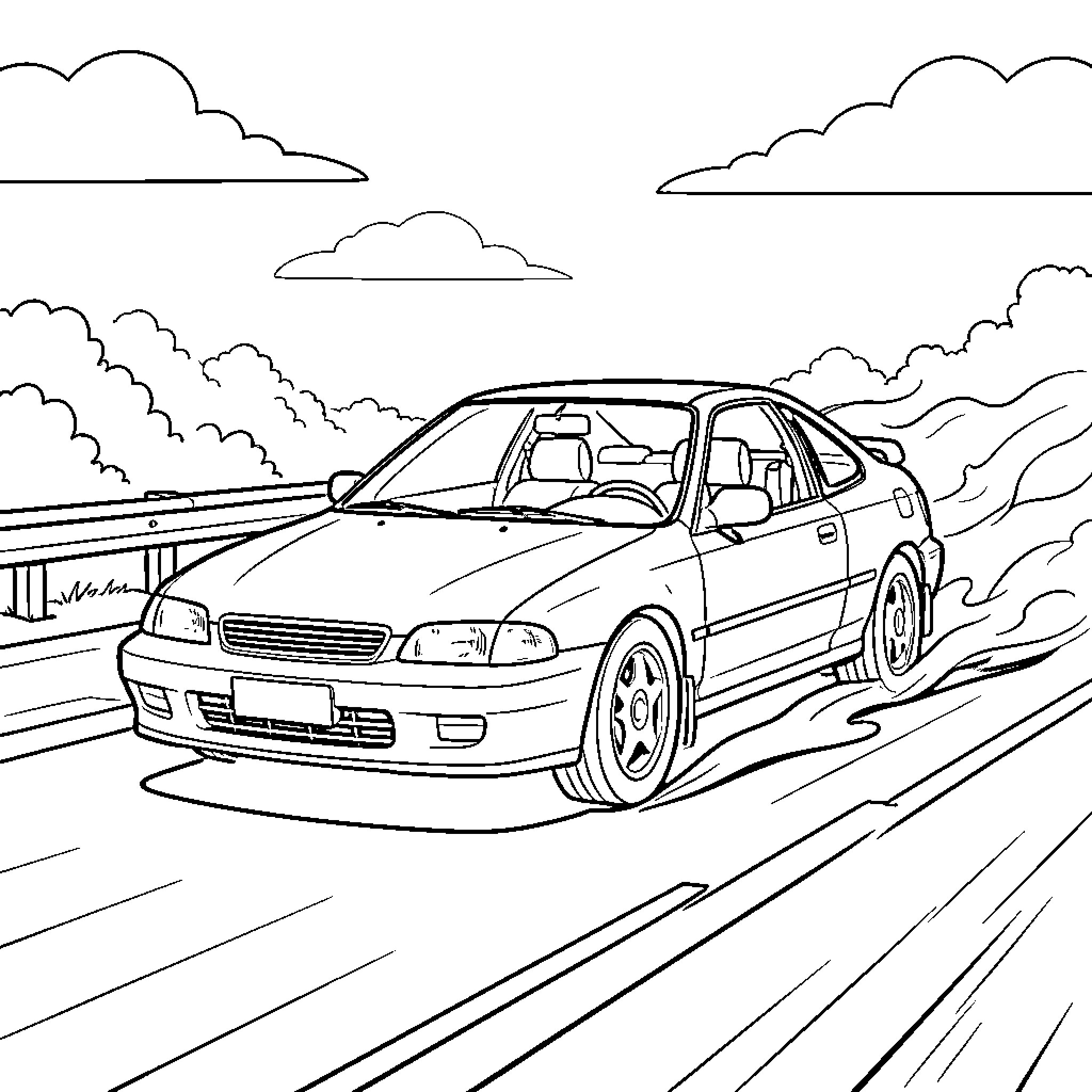 Civic driving fast along a winding mountain road Coloring Page (free black-and-white line drawing printable PDF for all, from beginners to advanced learners, including children, teens, adults, and seniors)