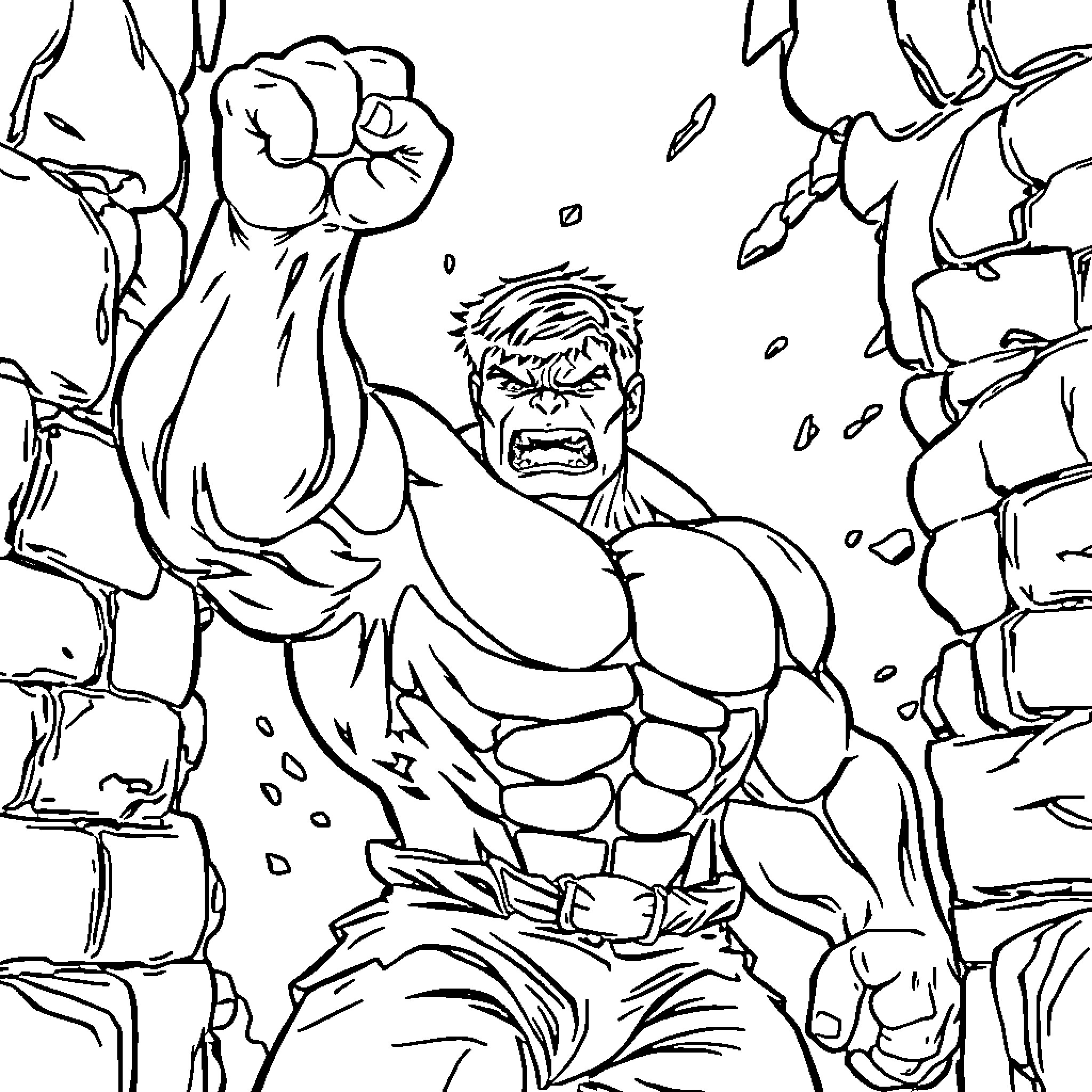 Hulk Smashing Through Rubble with Rage Coloring Page (free black-and-white line drawing printable PDF for all, from beginners to advanced learners, including children, teens, adults, and seniors)