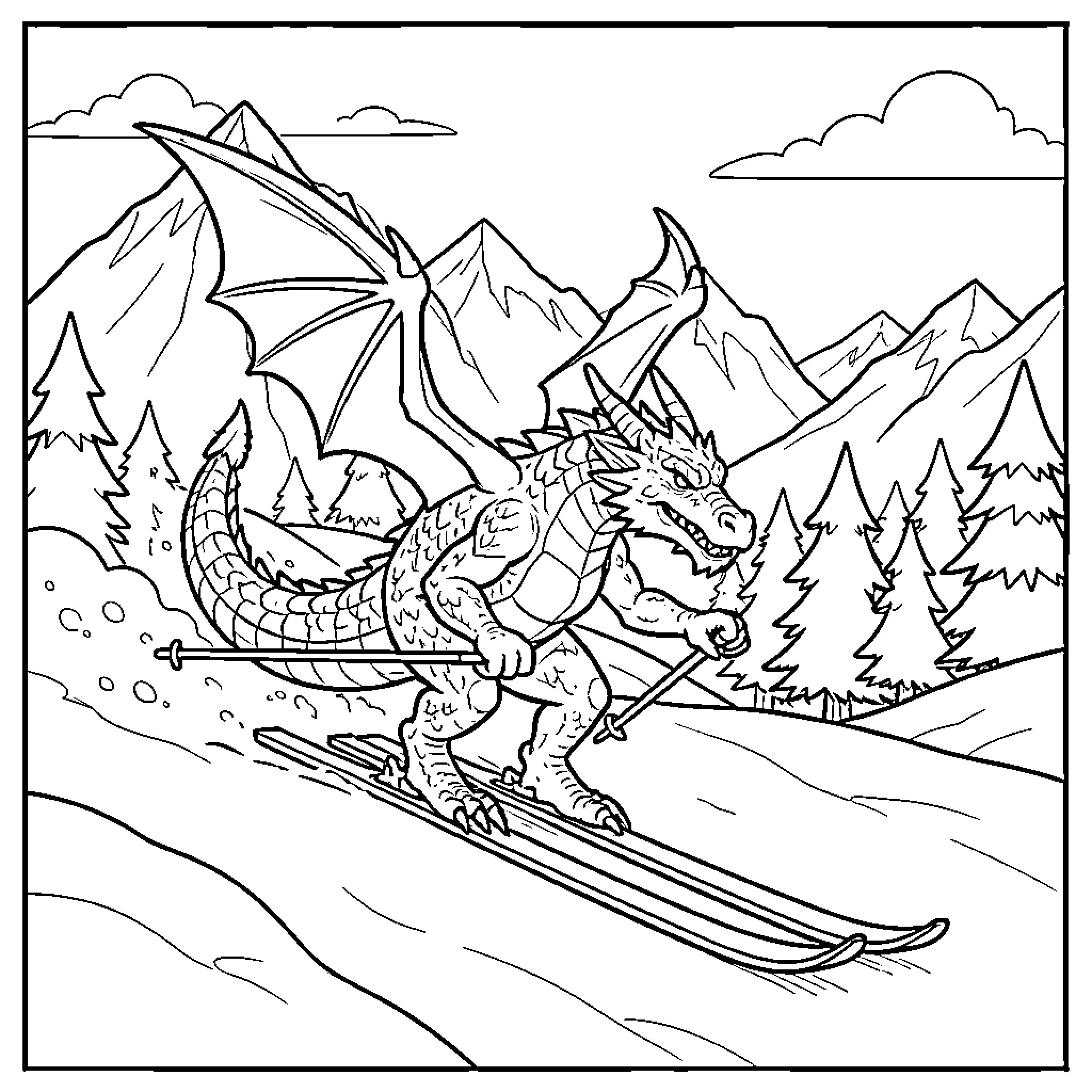 Dragon skiing down a snowy mountain slope Coloring Page (free black-and-white line drawing printable PDF for all, from beginners to advanced learners, including children, teens, adults, and seniors)