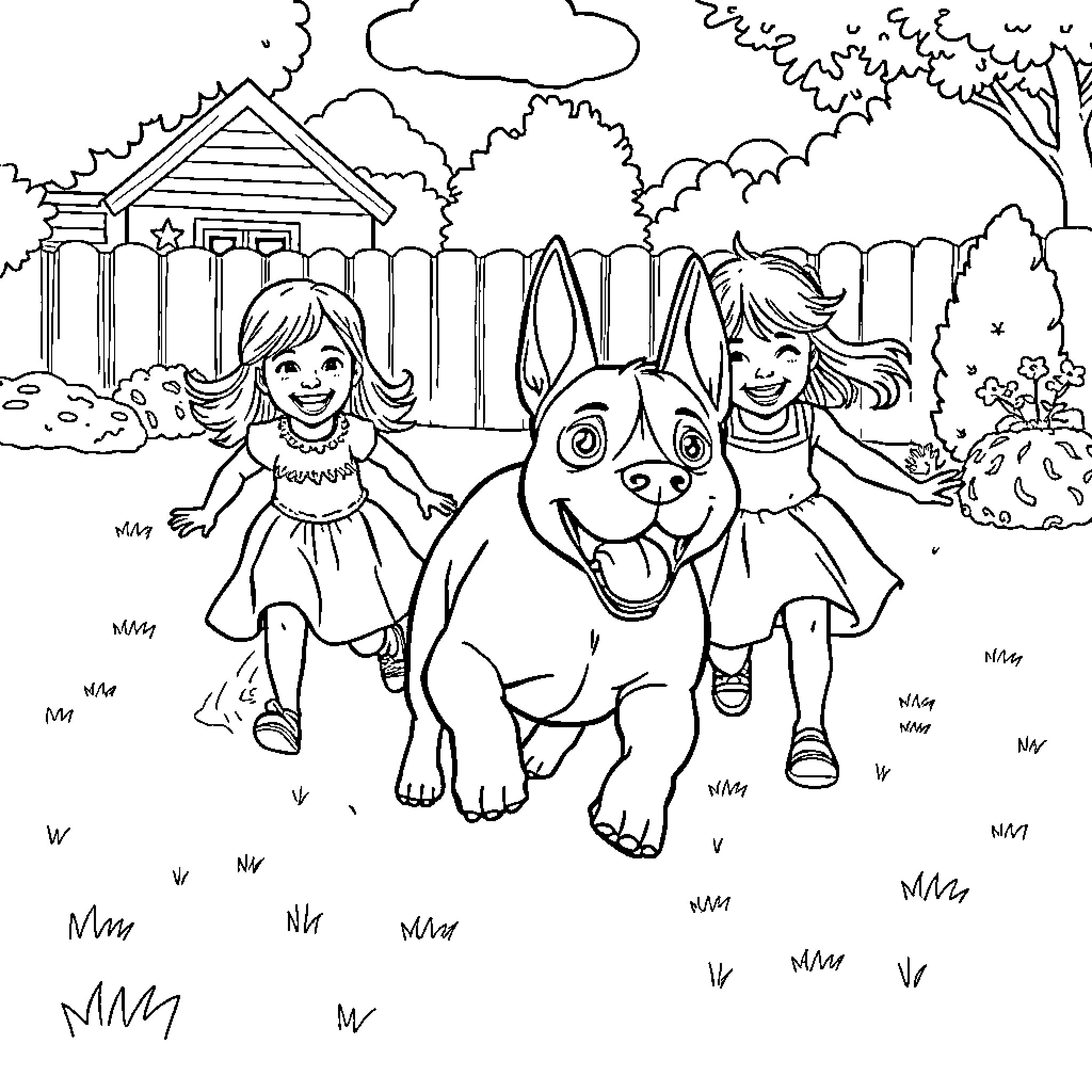 Bull Terrier playing happily with children in the backyard Coloring Page (free black-and-white line drawing printable PDF for all, from beginners to advanced learners, including children, teens, adults, and seniors)