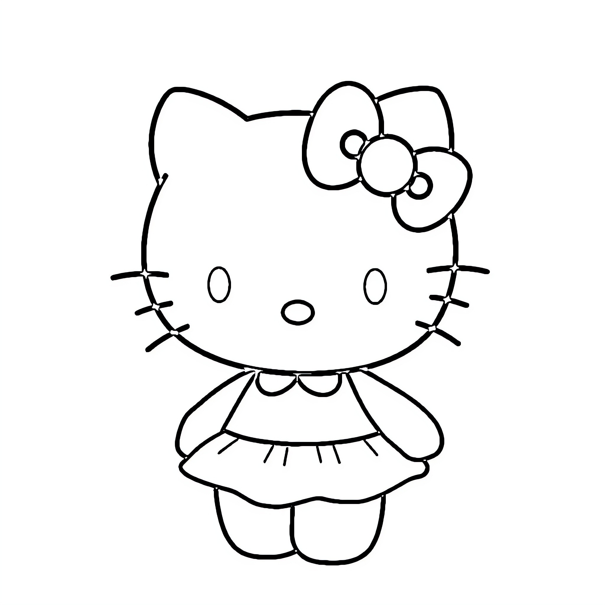 Hello Kitty in a simple dress Coloring Page (free black-and-white line drawing printable PDF for all, from beginners to advanced learners, including children, teens, adults, and seniors)