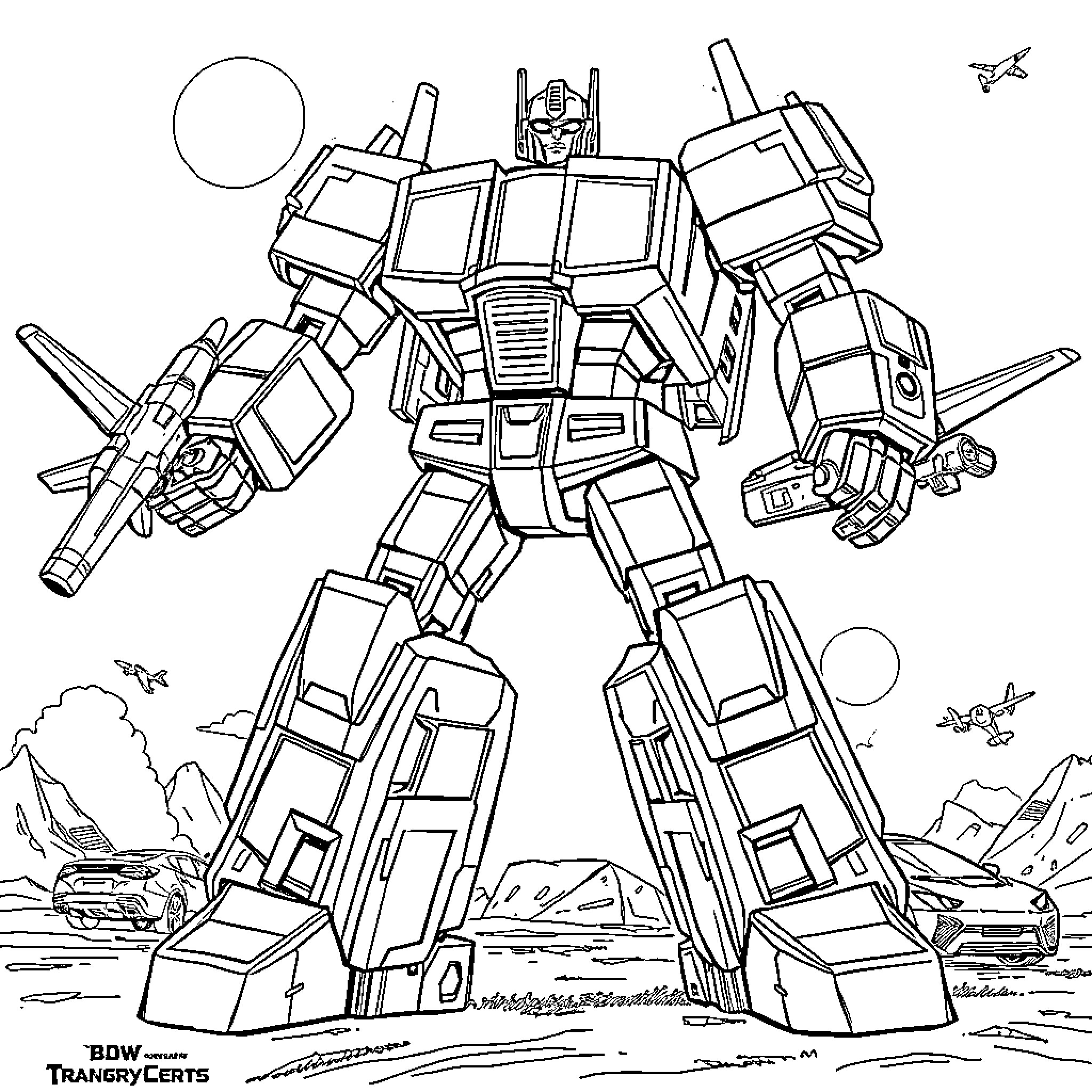Transformer robot in action-packed scene Coloring Page (free black-and-white line drawing printable PDF for all, from beginners to advanced learners, including children, teens, adults, and seniors)
