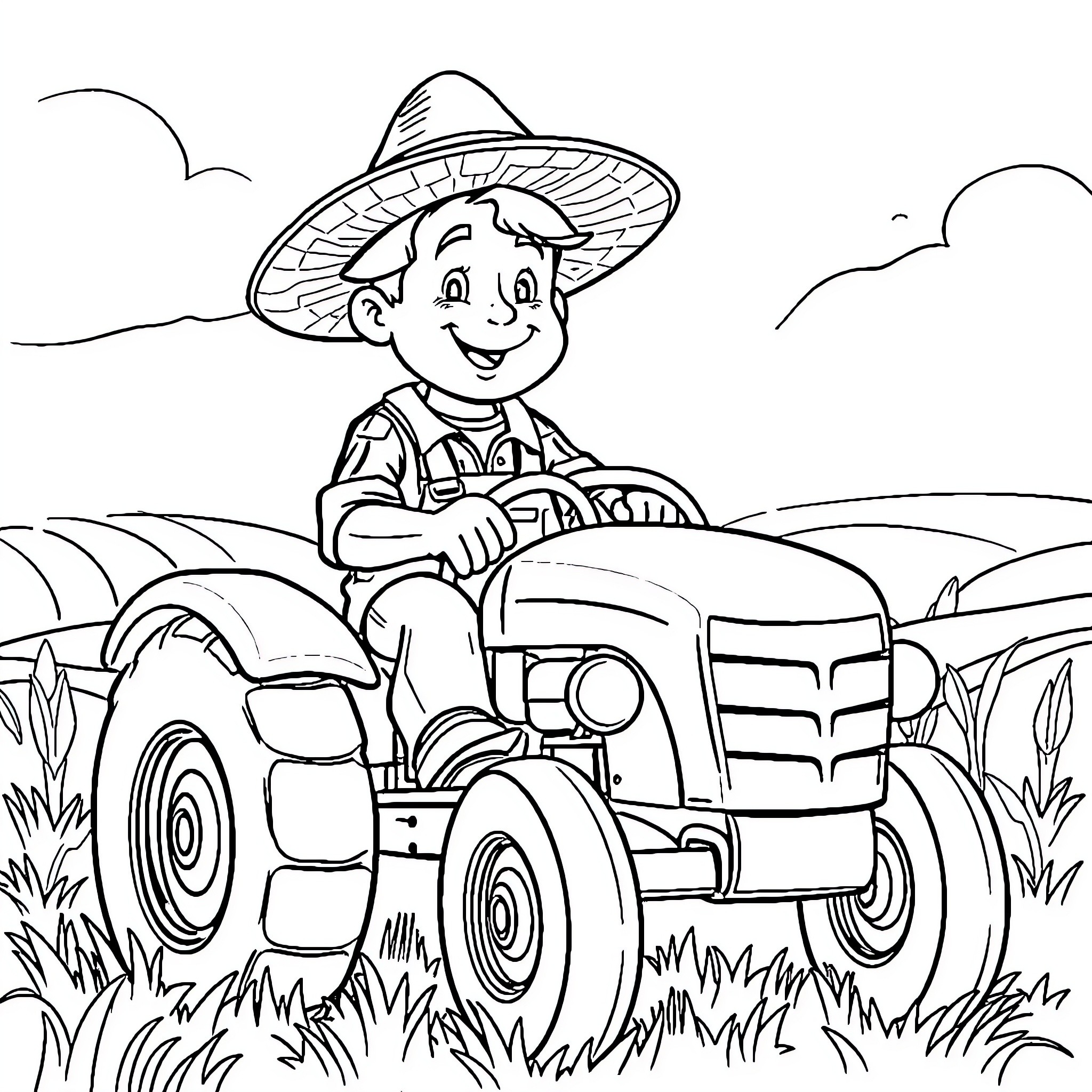 Tractor driver smiling and operating farming vehicle Coloring Page (free black-and-white line drawing printable PDF for all, from beginners to advanced learners, including children, teens, adults, and seniors)