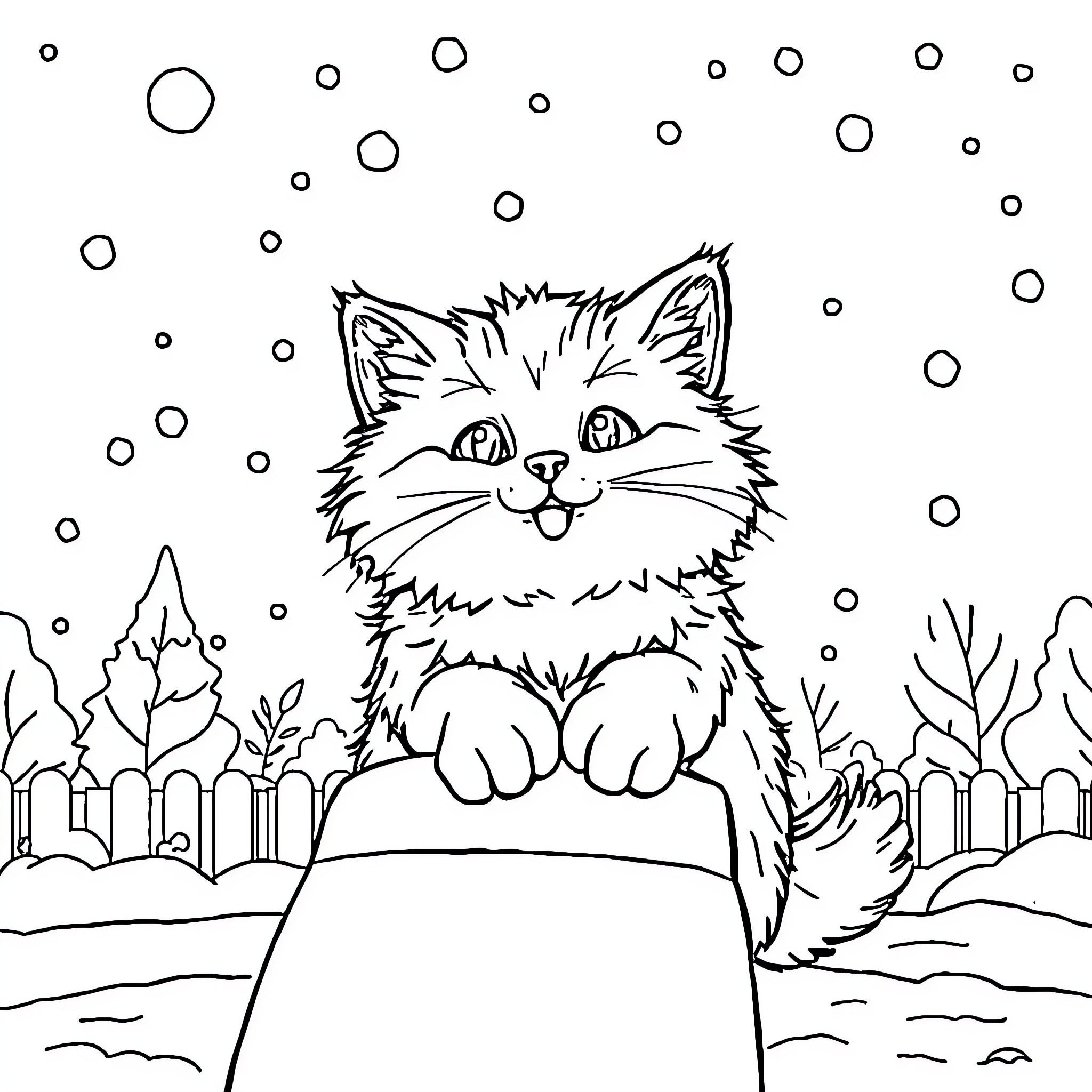 Cat enjoying a snowy winter day Coloring Page (free black-and-white line drawing printable PDF for all, from beginners to advanced learners, including children, teens, adults, and seniors)