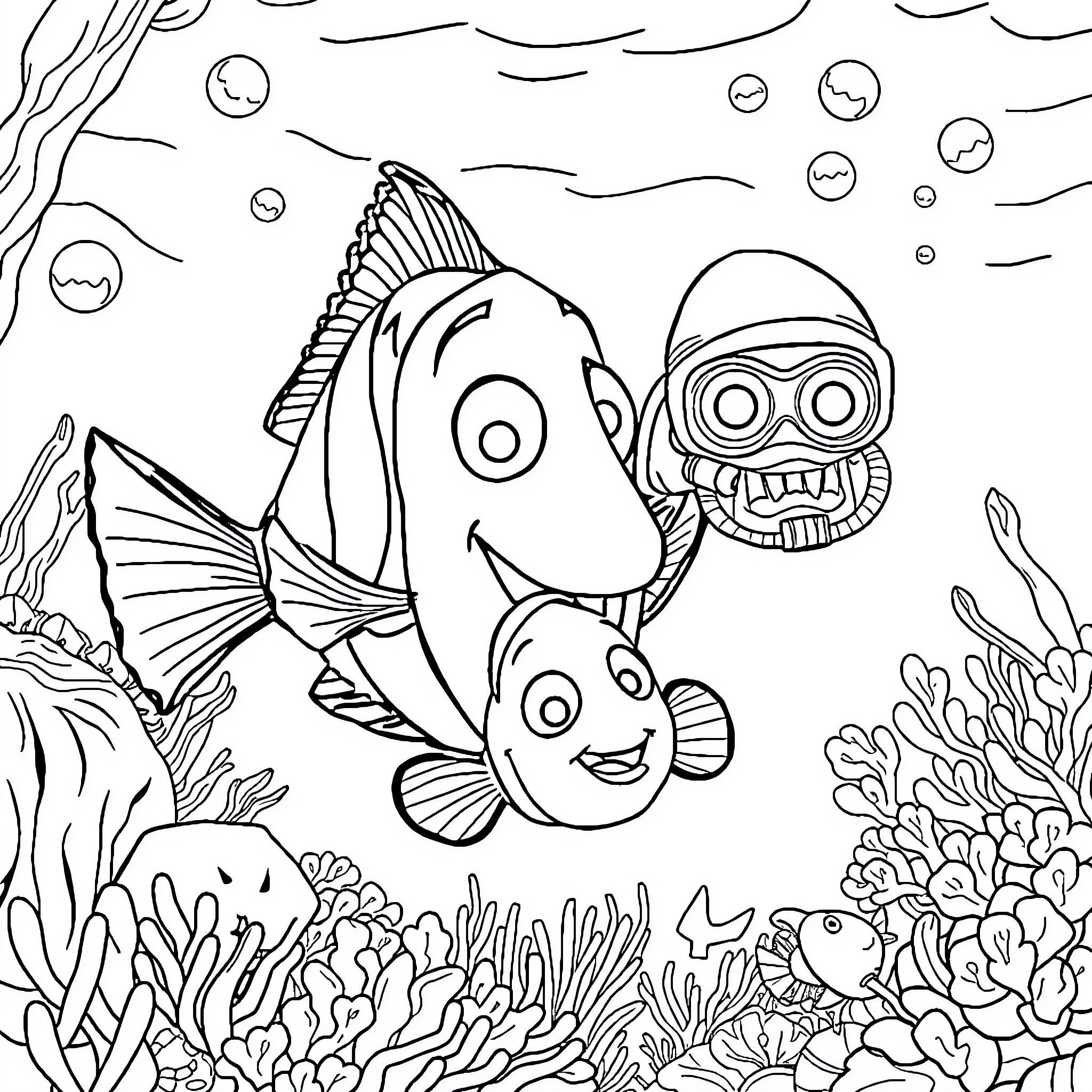 Nemo and friends exploring the underwater world Coloring Page (free black-and-white line drawing printable PDF for all, from beginners to advanced learners, including children, teens, adults, and seniors)