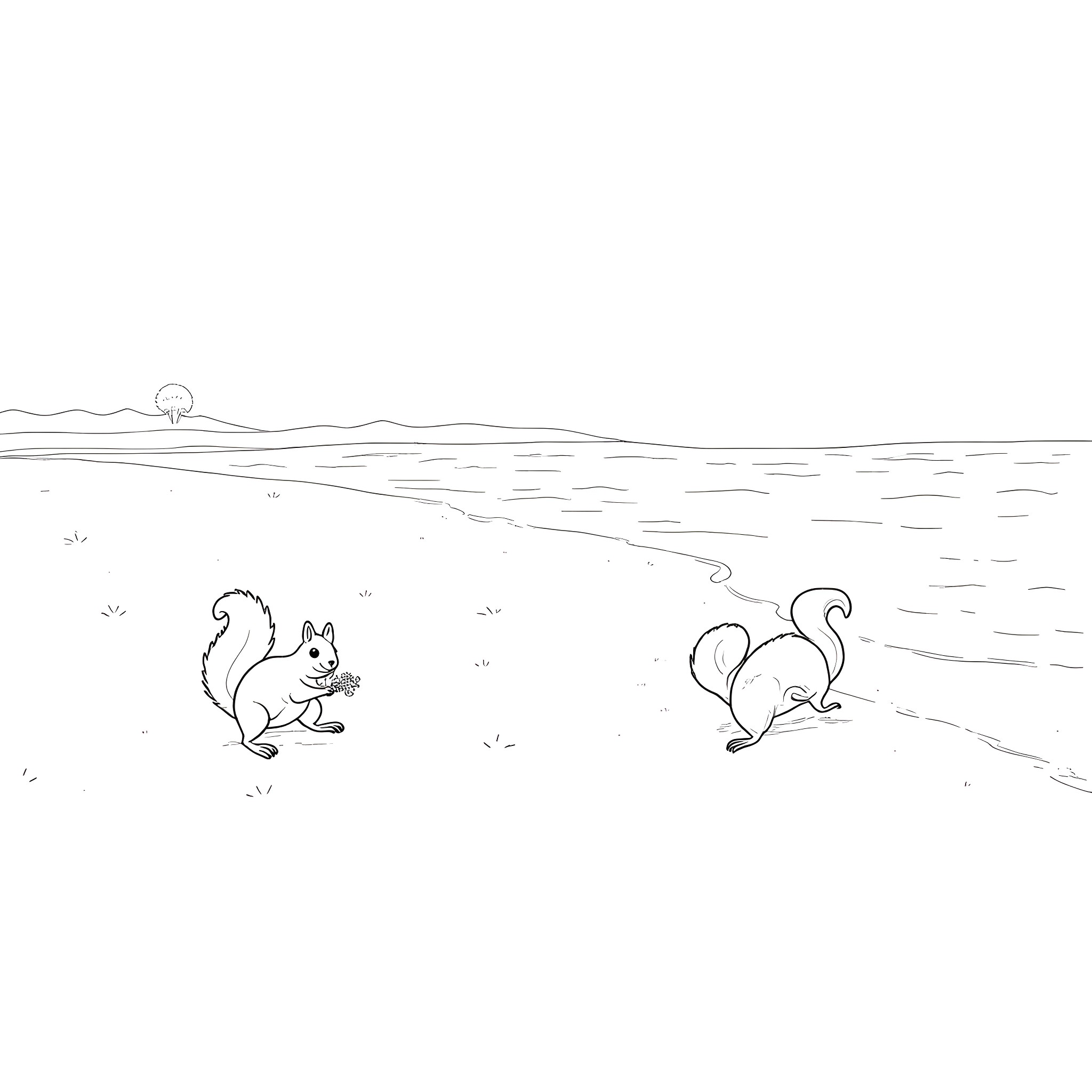 Squirrels playing in the countryside Coloring Page (free black-and-white line drawing printable PDF for all, from beginners to advanced learners, including children, teens, adults, and seniors)