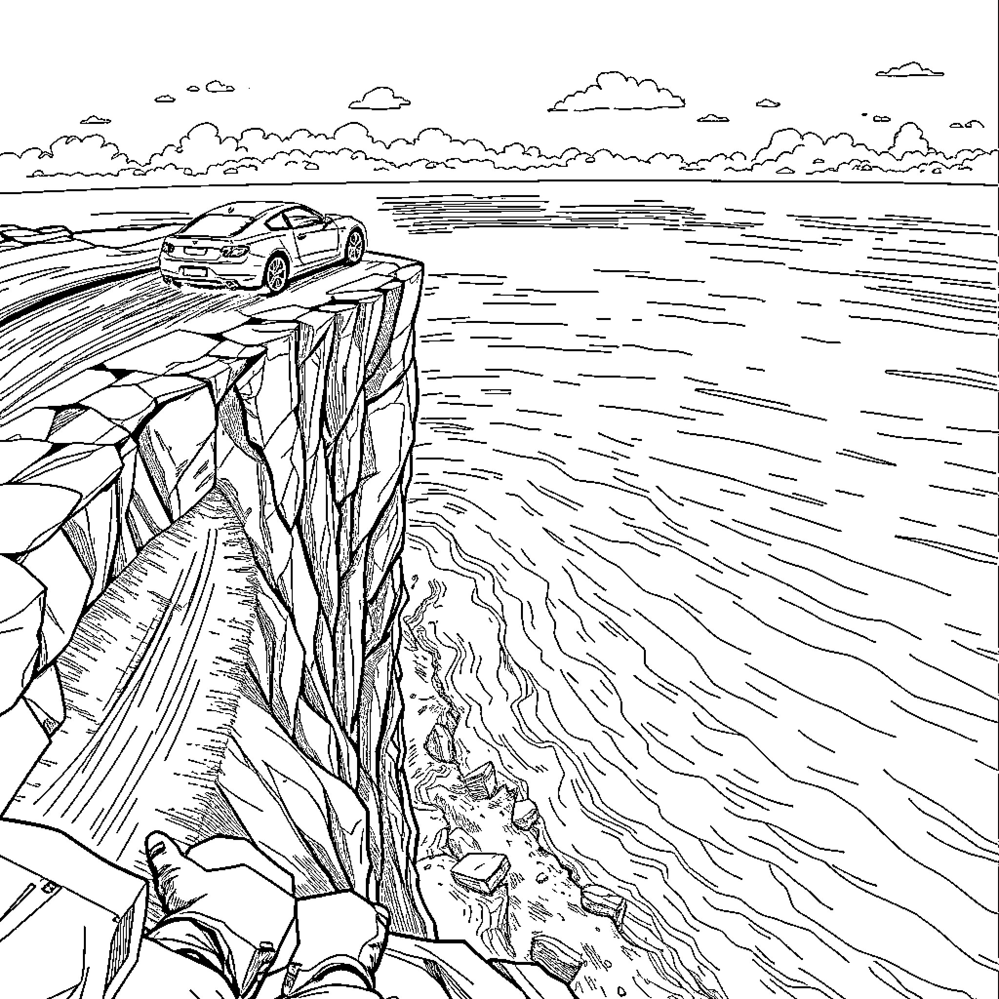 Car on the Cliff Edge with Scenic Landscape Coloring Page (free black-and-white line drawing printable PDF for all, from beginners to advanced learners, including children, teens, adults, and seniors)