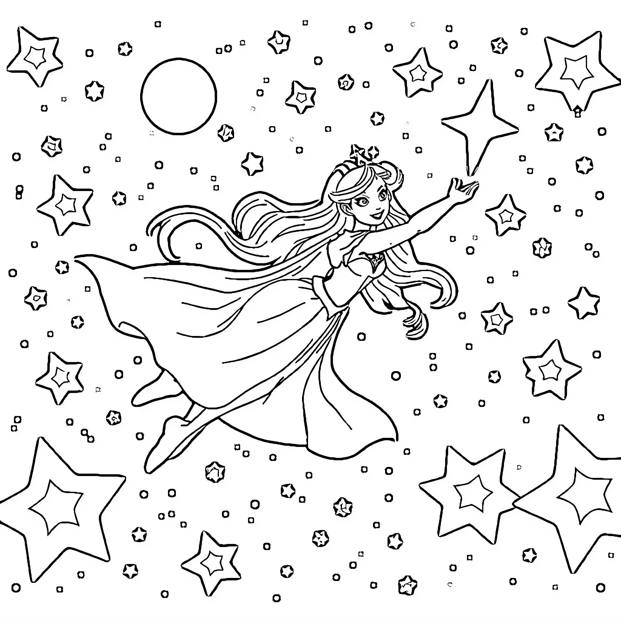 Princess dancing among the stars Coloring Page (free black-and-white line drawing printable PDF for all, from beginners to advanced learners, including children, teens, adults, and seniors)
