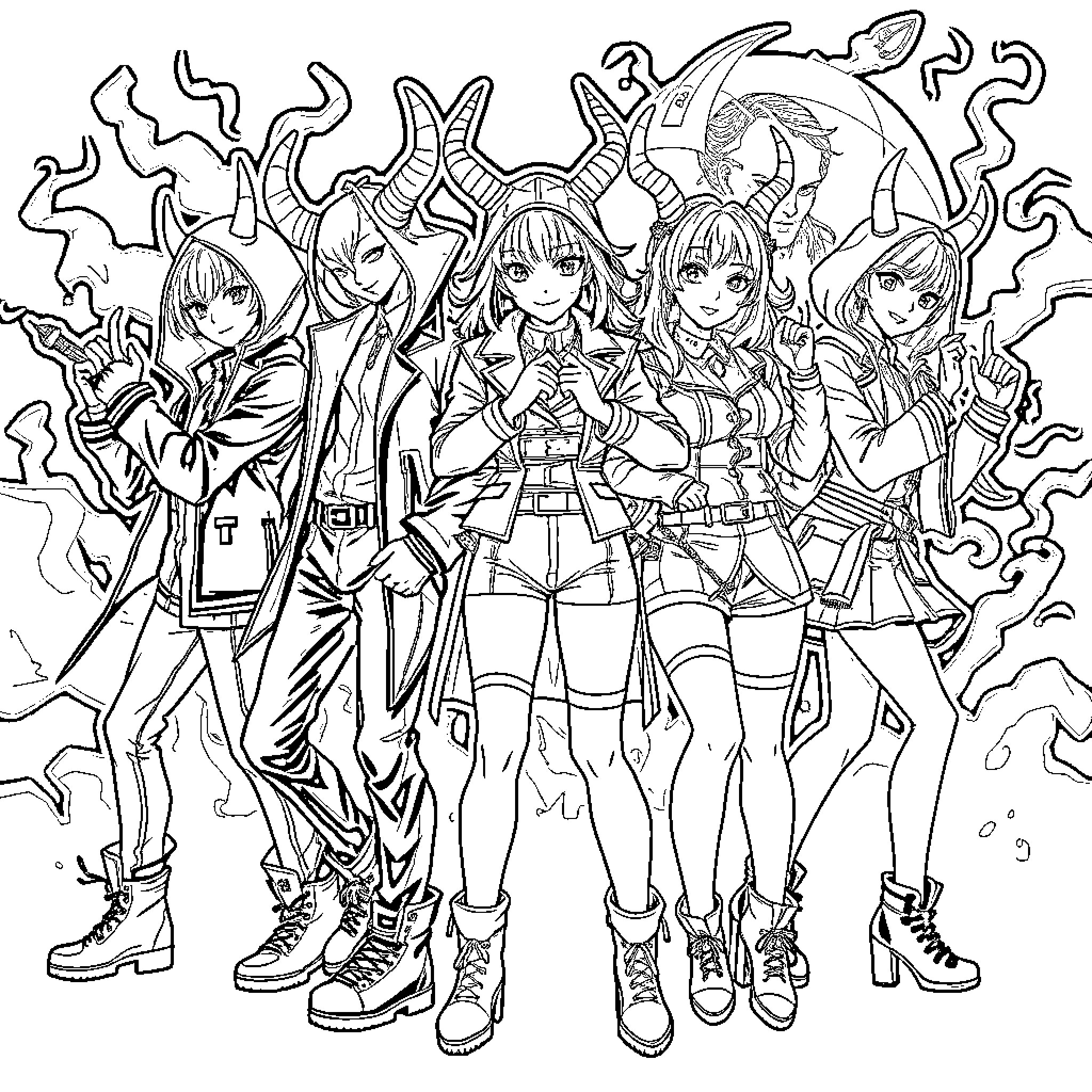 Demon Hunter Team Faces Formidable Foes Coloring Page (free black-and-white line drawing printable PDF for all, from beginners to advanced learners, including children, teens, adults, and seniors)