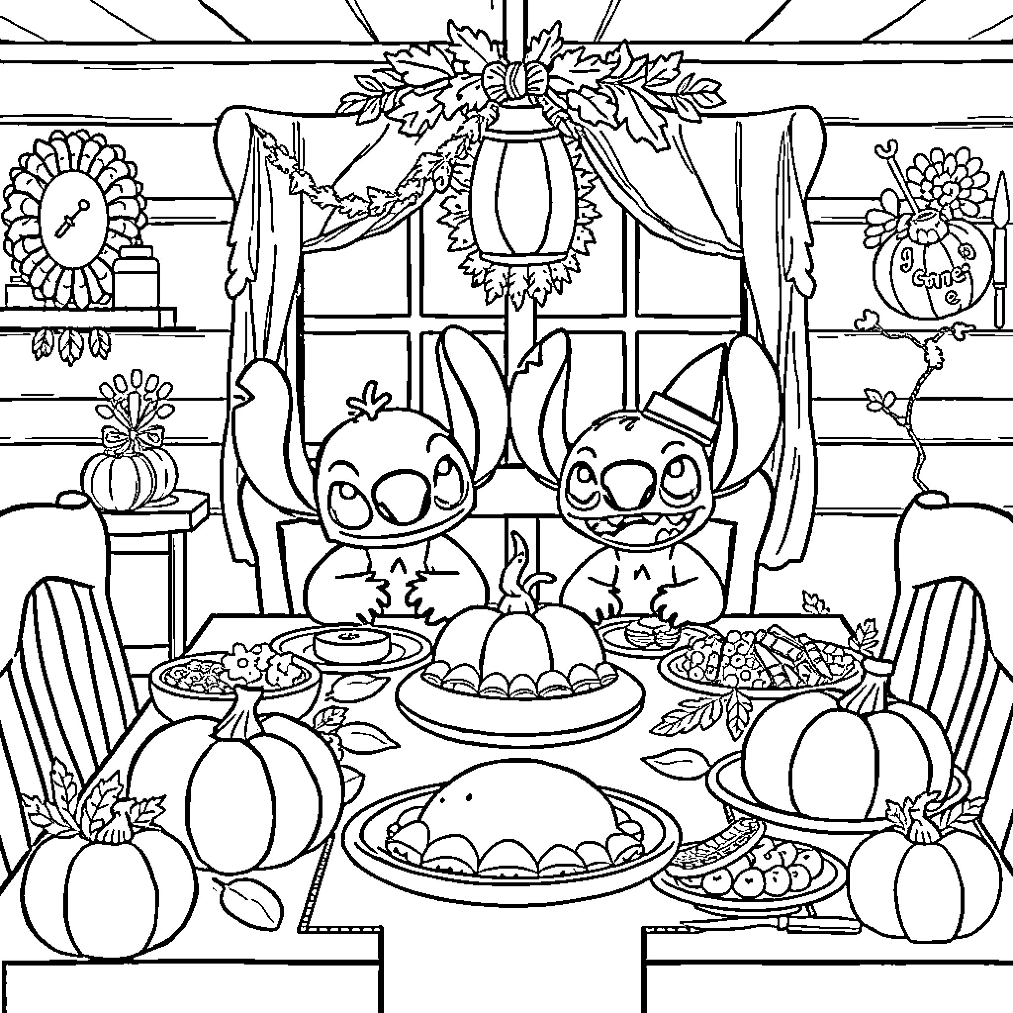 Bluey's Thanksgiving Feast Coloring Page (free black-and-white line drawing printable PDF for all, from beginners to advanced learners, including children, teens, adults, and seniors)