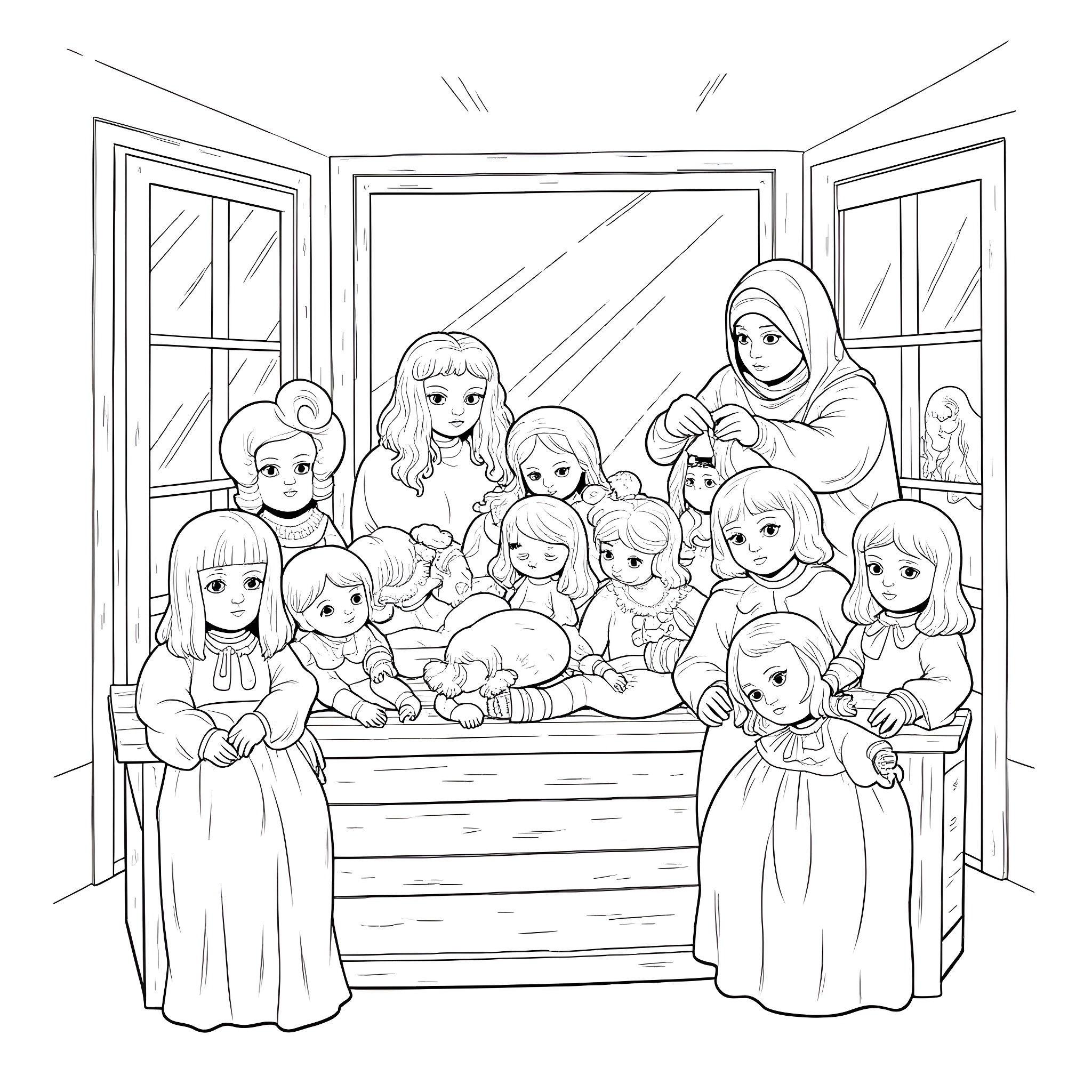 Doll group gathered around the table Coloring Page (free black-and-white line drawing printable PDF for all, from beginners to advanced learners, including children, teens, adults, and seniors)