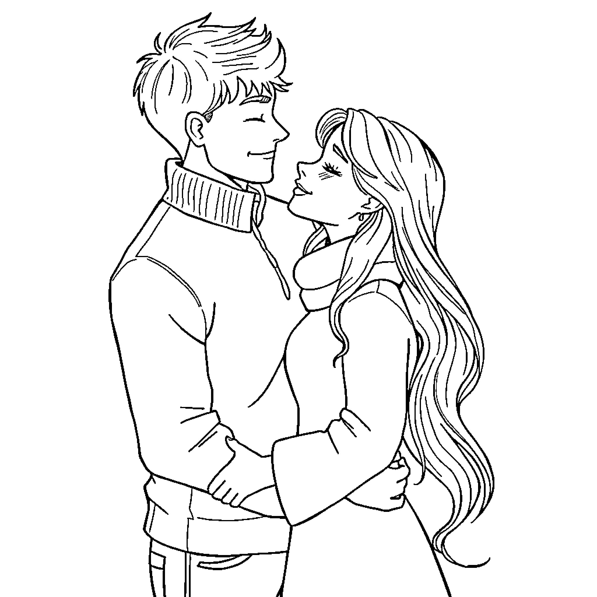 Love in a romantic embrace Coloring Page (free black-and-white line drawing printable PDF for all, from beginners to advanced learners, including children, teens, adults, and seniors)