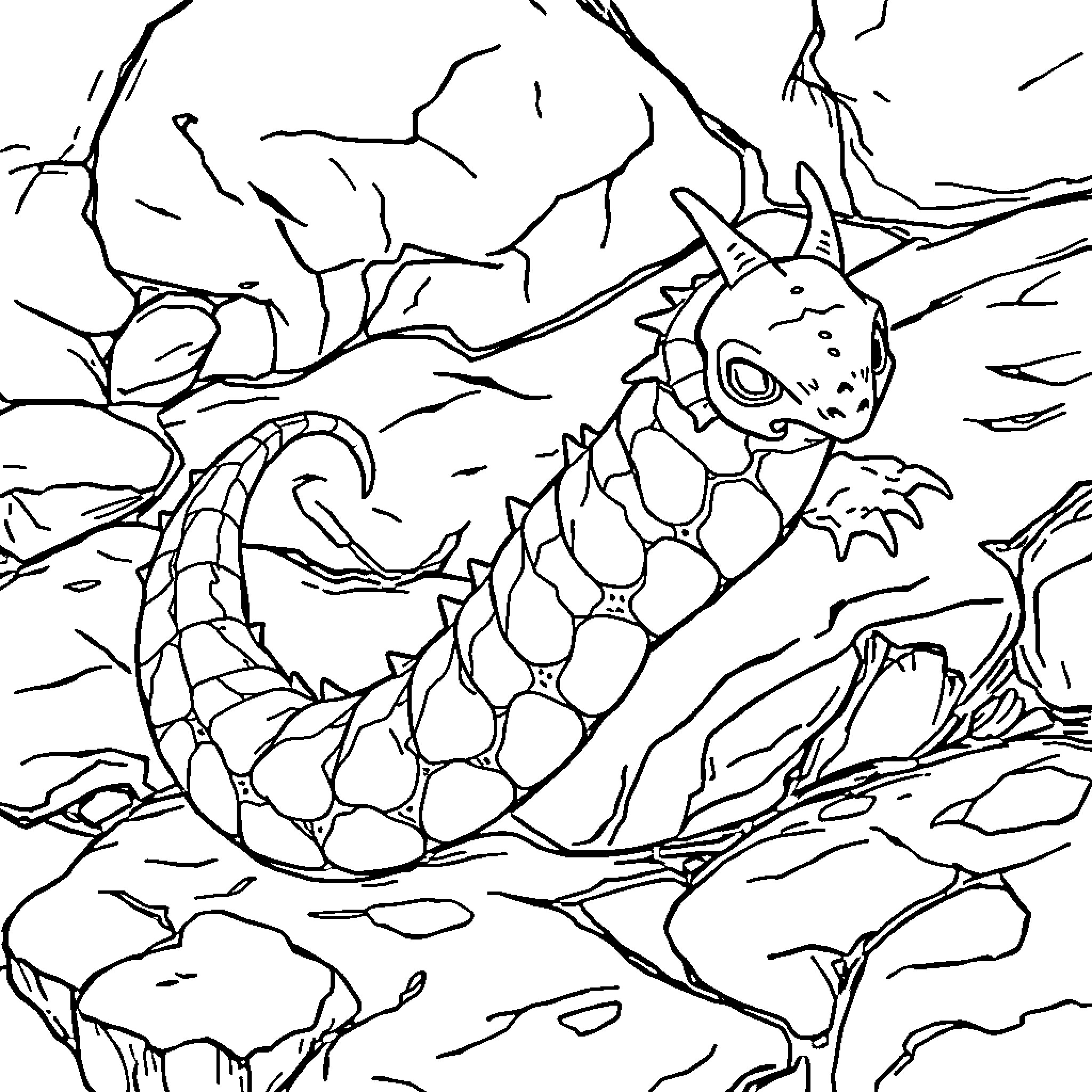 Worm exploring rocky terrain Coloring Page (free black-and-white line drawing printable PDF for all, from beginners to advanced learners, including children, teens, adults, and seniors)