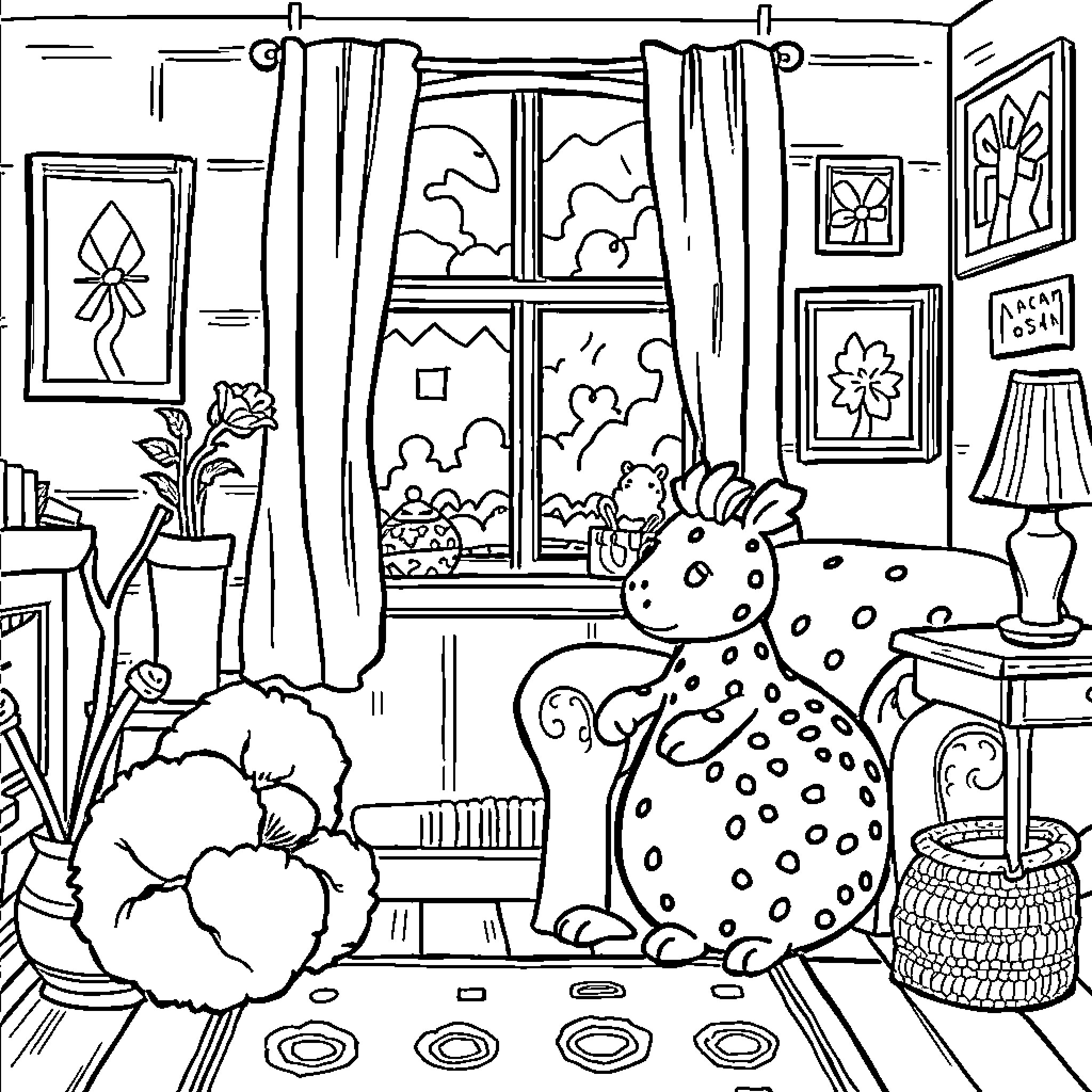 Cotton Swab Enjoying a Cozy Indoor Scene Coloring Page (free black-and-white line drawing printable PDF for all, from beginners to advanced learners, including children, teens, adults, and seniors)