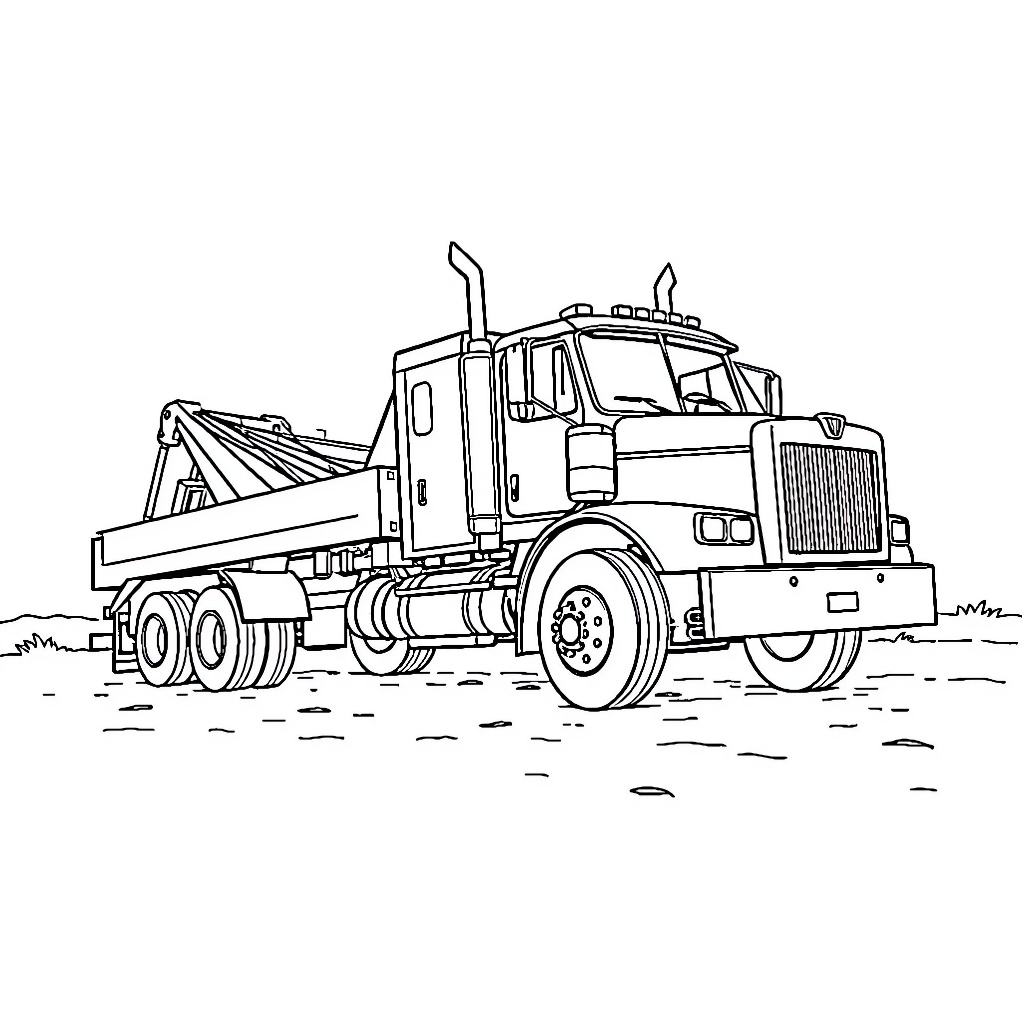 Tow Truck Assisting on the Road Coloring Page (free black-and-white line drawing printable PDF for all, from beginners to advanced learners, including children, teens, adults, and seniors)